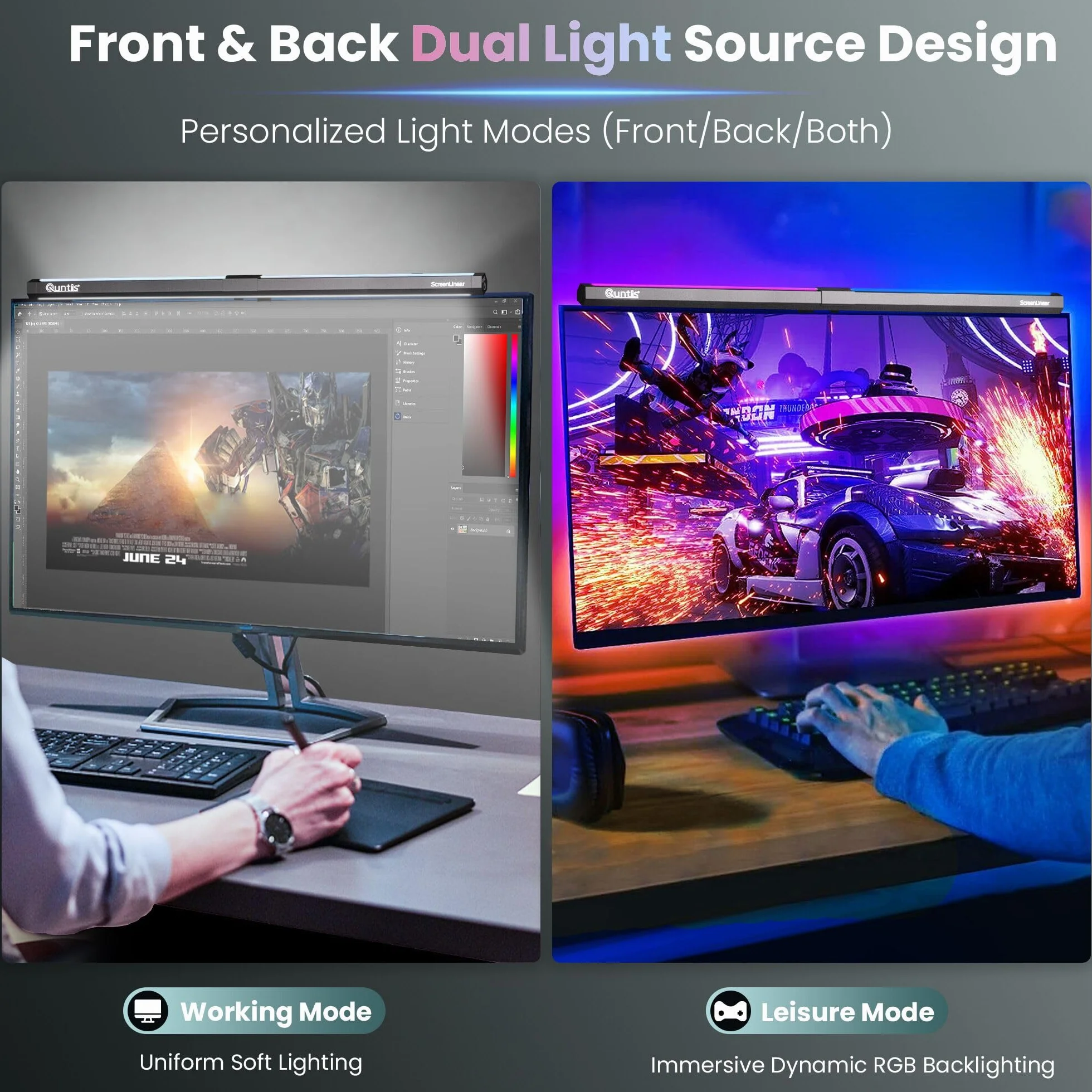 Quntis Lampa do monitora komputerowego z dekoracyjnym podświetleniem RGB, monitor Light Bar z funkcją Touch Control, światło anty-niebieskie, lampa do monitora USB z regulacją temperatury barwowej