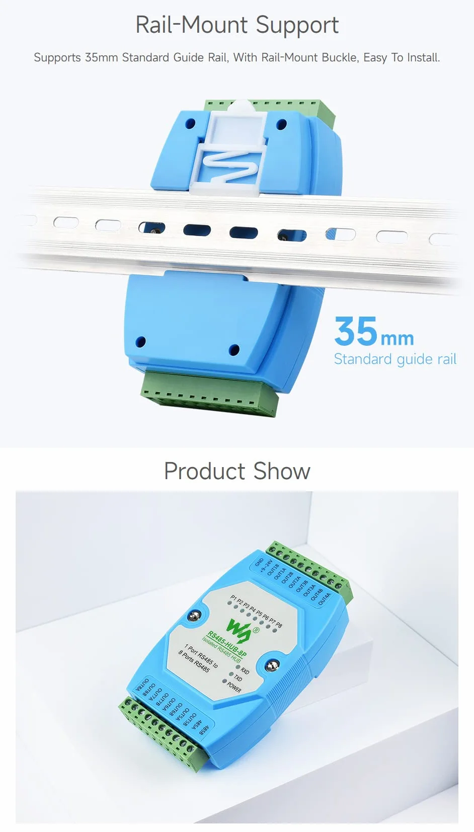 Waveshare Industrial RS485 Hub 8-ch Rail-mount Wide Baud Rate RS485 Network Relay Expansion Isolation
