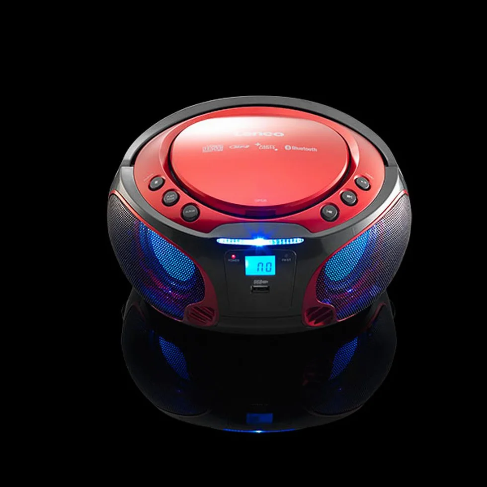 Lenco SCD-550 Boombox imprezowy z oświetleniem dyskotekowym, przenośny stereo, radio FM, CD, Bluetooth, USB, czerwony