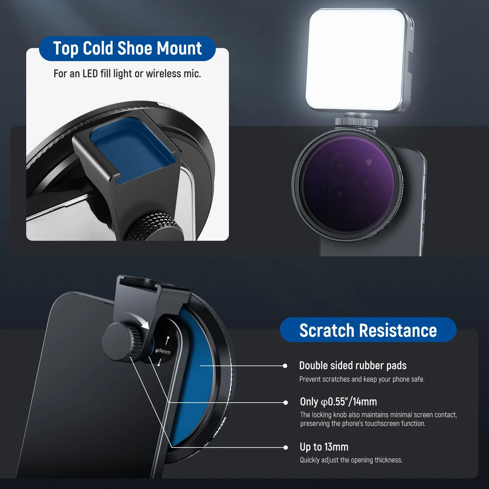 NEEWER 67 mm Clip On Variable ND2-ND32 filtr obiektywu telefonu magnetyczny adapter pierścień zimna stopka pokrętło blokujące HD do iPhone 15 Pro