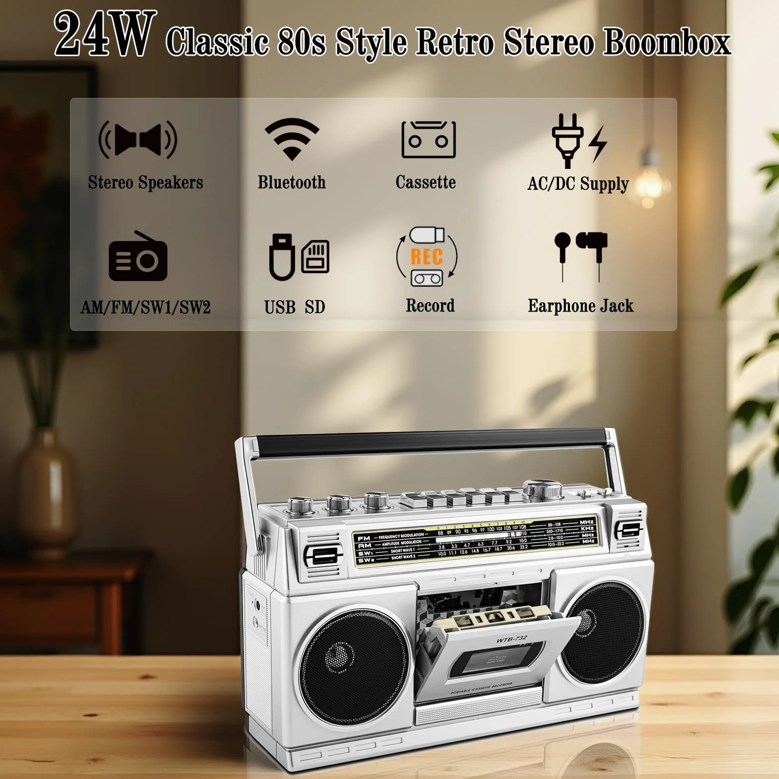 Boombox w stylu retro Classic w stylu lat 80., odtwarzacz kasetowy z radiem AM/FM/SW, Bluetooth, USB, gniazdo słuchawkowe, 24 W, głośniki Dual Full-Range High-Bass