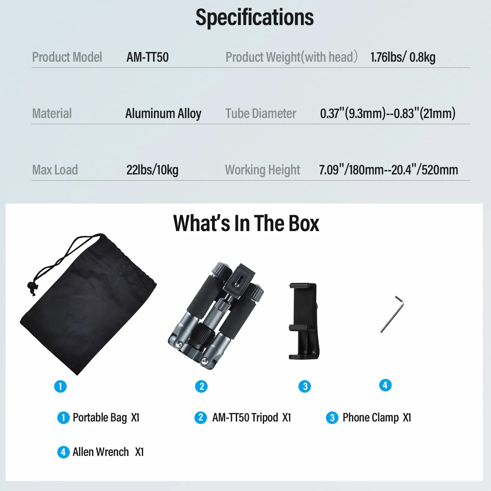 SIRUI Kompaktowy mini statyw biurkowy, 50.8 cm aluminiowy przenośny mały statyw stołowy z głowicą kulową 360° do telefonu z aparatem DSLR, ładowany do 10 kg, uchwyt na telefon w zestawie, AM-TT50
