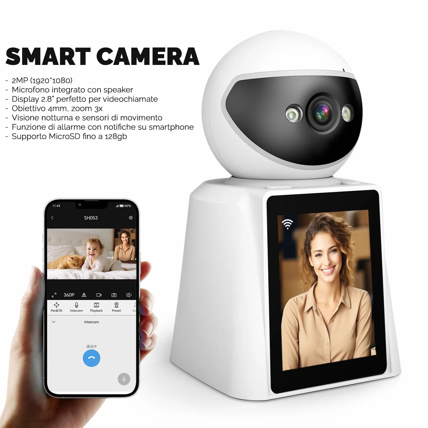 Kamera bezpieczeństwa HD 2,8" z dwukierunkową rozmową wideo, detekcją człowieka, podczerwienią, panoramiczna