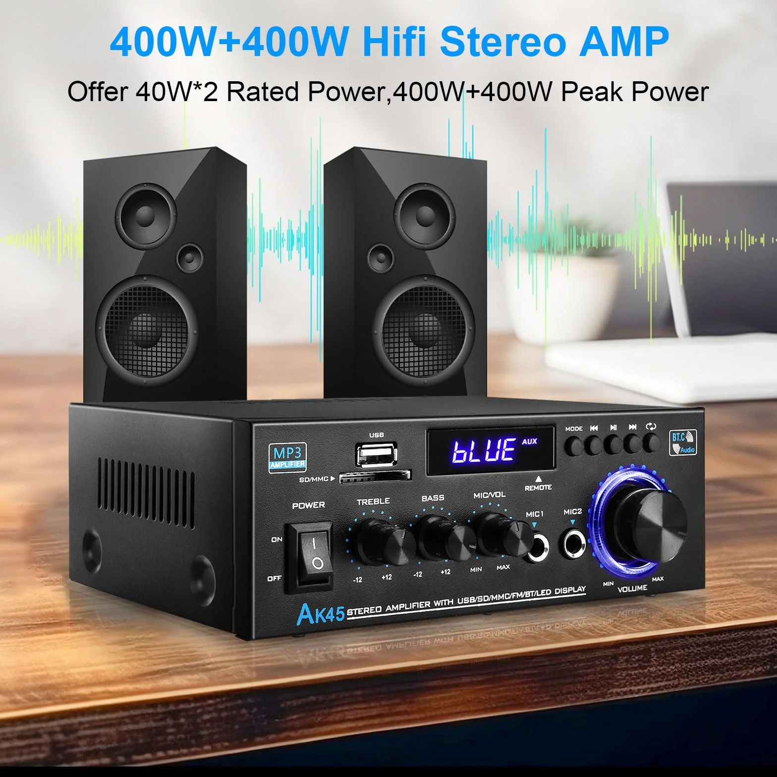 KKMOL AK45 Mini wzmacniacz hi-fi stereo Bluetooth 12V 220V 400W 2 kanały cyfrowy z USB SD pilot
