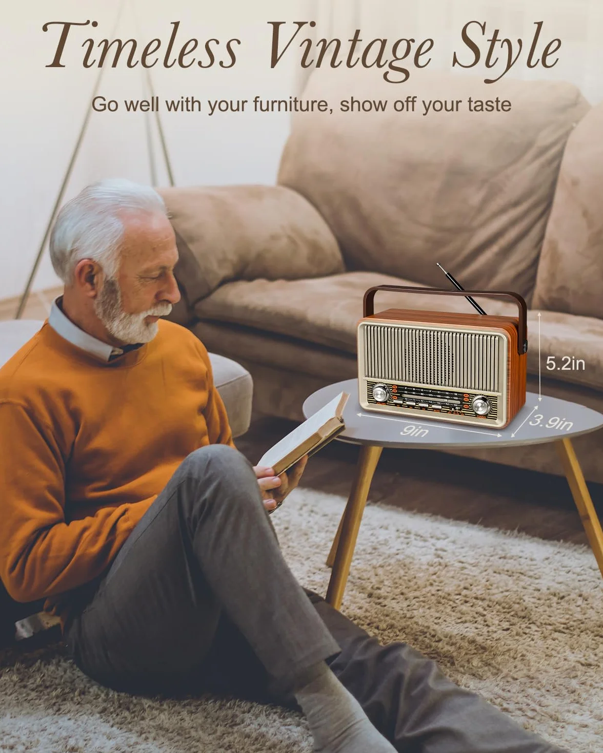 PRUNUS J-120 przenośne radio retro, małe radios SW AM FM z głośnikiem Bluetooth, zasilane akumulatorem 1800 mAh lub siecią, radio vintage obsługuje odtwarzanie AUX TF USB