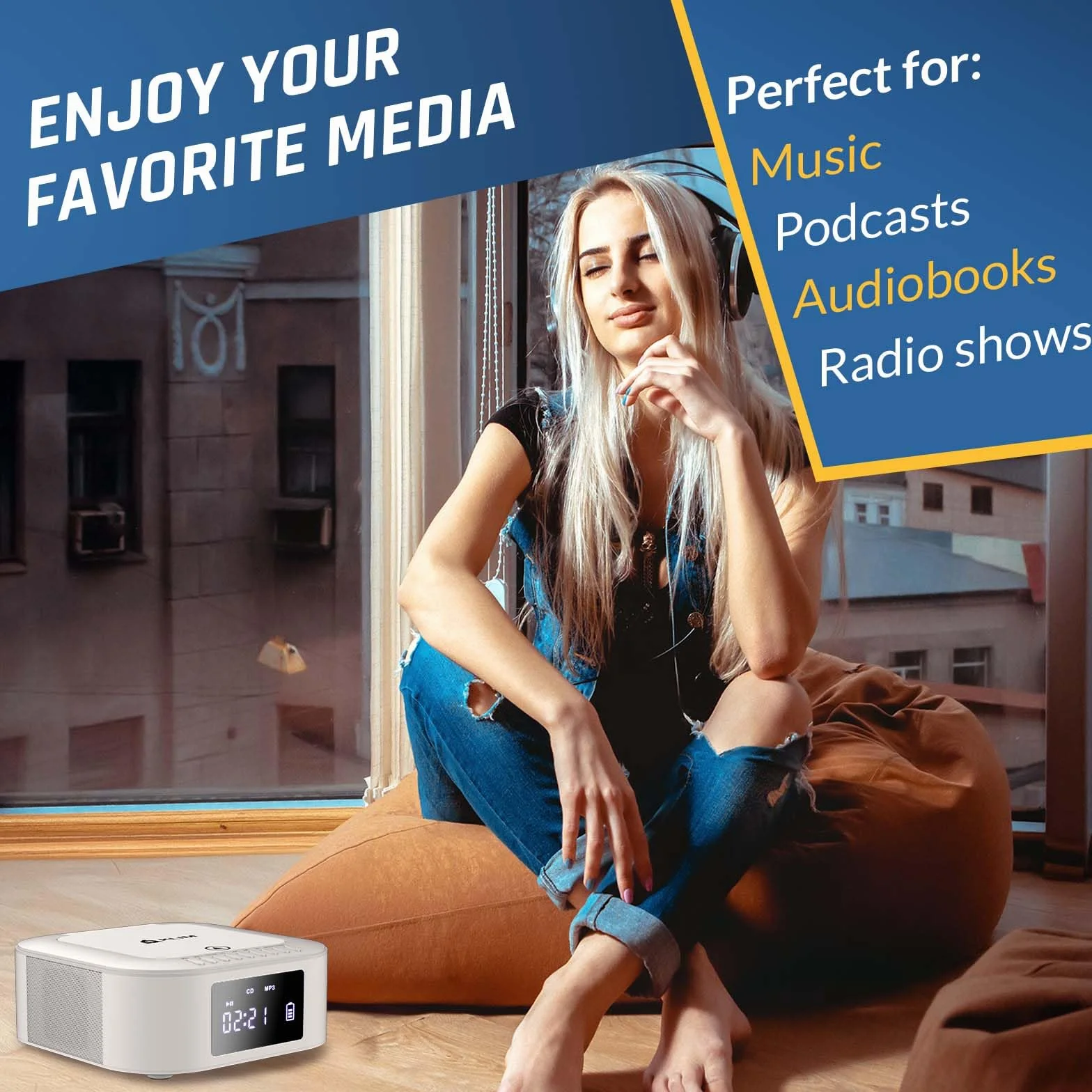KLIM Odtwarzacz CD stereo Boombox E1, BASS Boost z subwooferem, radio FM z odtwarzaczem CD i USB, Bluetooth, AUX, domowy zestaw stereo, przewodowy lub bezprzewodowy, akumulator, pilot zdalnego