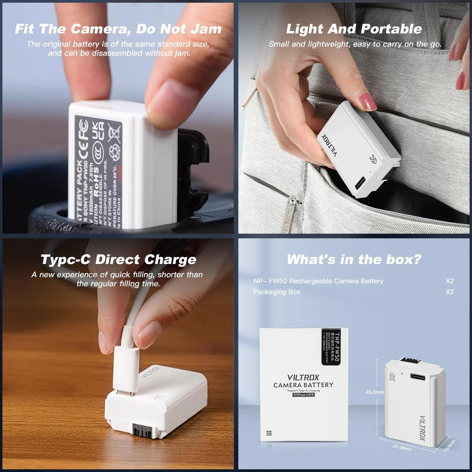 VILTROX NP-FW50 zestaw 2 baterii do aparatu bateria do wielokrotnego ładowania 1030 mAh USB-C do Sony 5100 5000 6500 6400 6300 6100 6000 7 TR 7S 7SM2 7M2 ZV-E10 QX1 DSC-RX10 10 M2 4 10M 3 10M2 A33 A35