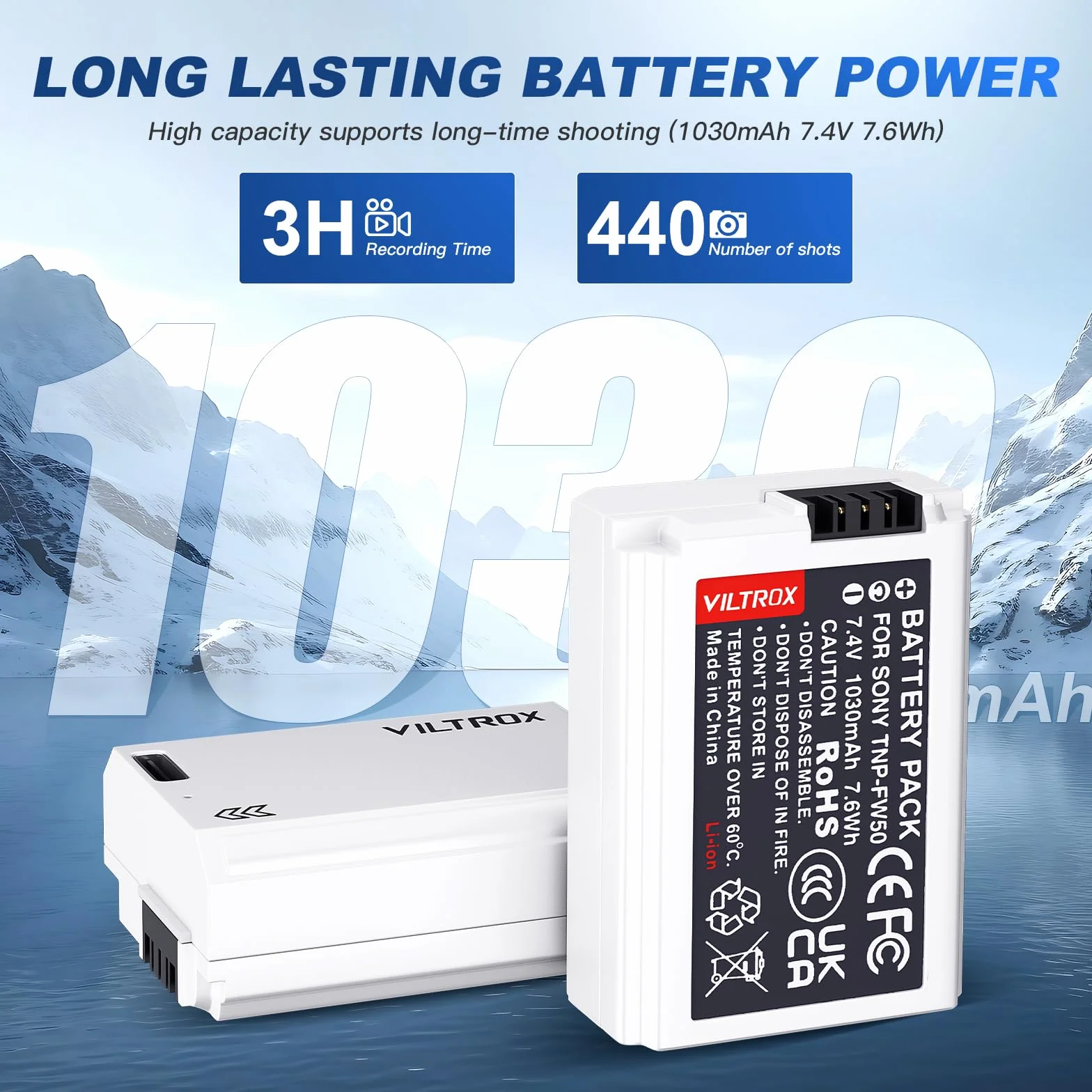 VILTROX NP-FW50 zestaw 2 baterii do aparatu bateria do wielokrotnego ładowania 1030 mAh USB-C do Sony 5100 5000 6500 6400 6300 6100 6000 7 TR 7S 7SM2 7M2 ZV-E10 QX1 DSC-RX10 10 M2 4 10M 3 10M2 A33 A35