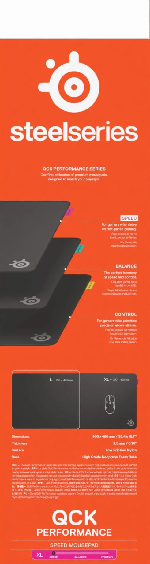 SteelSeries, podkładka QcK XL Performance Speed - Dodatkowa gęstość dająca poślizg - Niskoprofilowe przeszycia krawędzi - Antypoślizgowa podstawa z neoprenu - Rozm. 900 x 400 mm - FPS, MOBA, RTS, MMO
