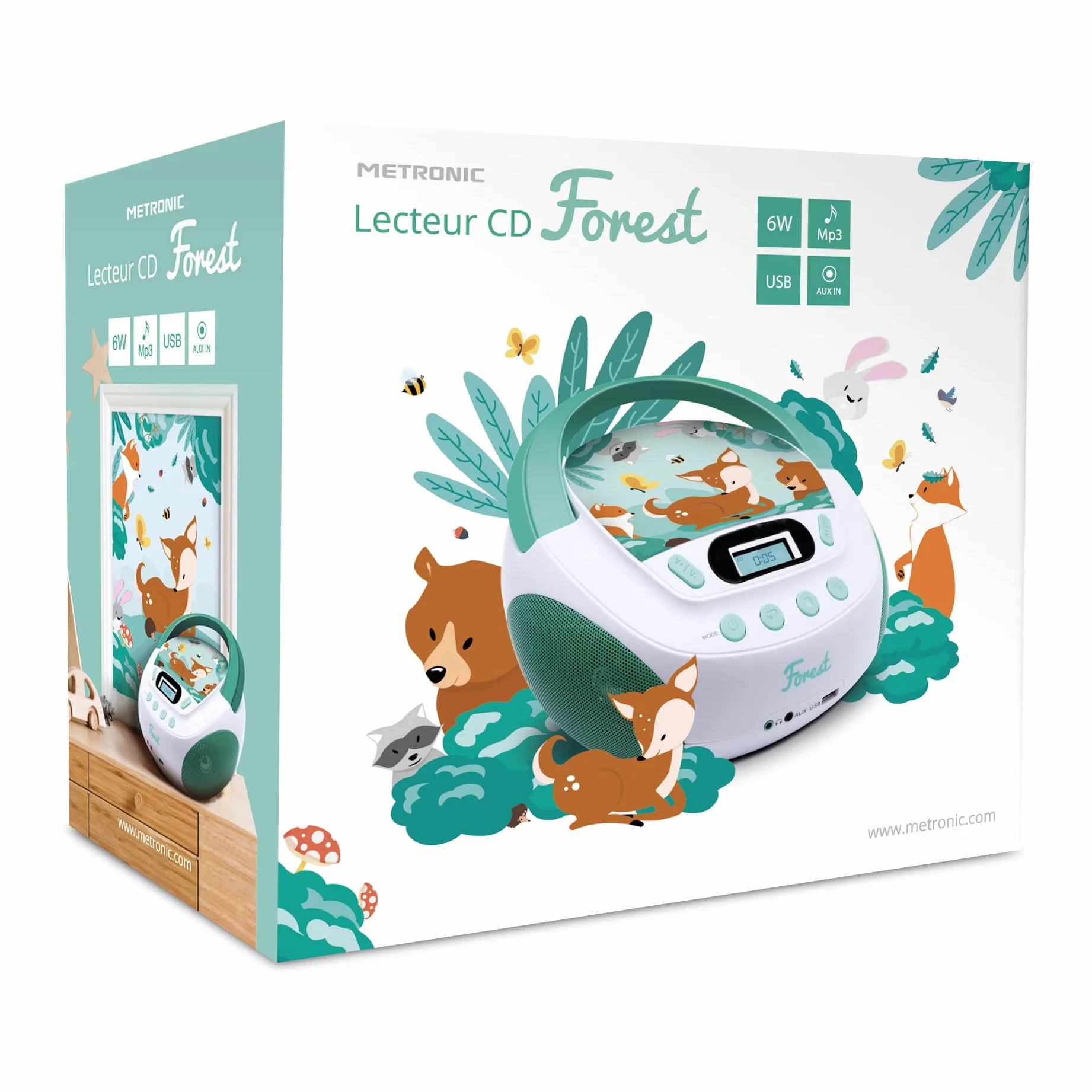 Odtwarzacz CD MP3 Forest Metronic dla dzieci z portem USB i wejściem audio Biały/Zielony