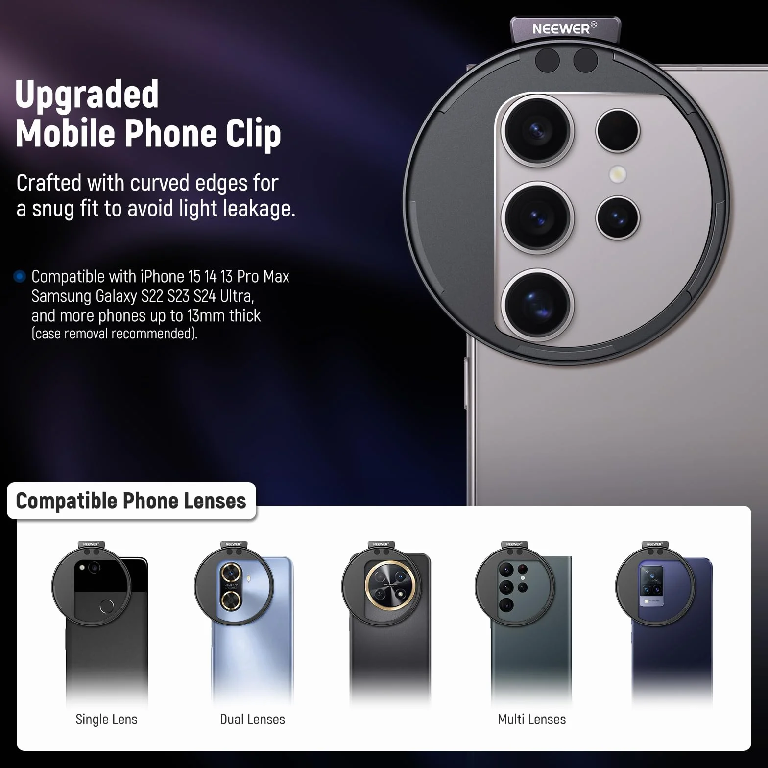 NEEWER 67 mm Clip On Variable ND2-ND32 filtr obiektywu telefonu magnetyczny adapter pierścień zimna stopka pokrętło blokujące HD do iPhone 15 Pro