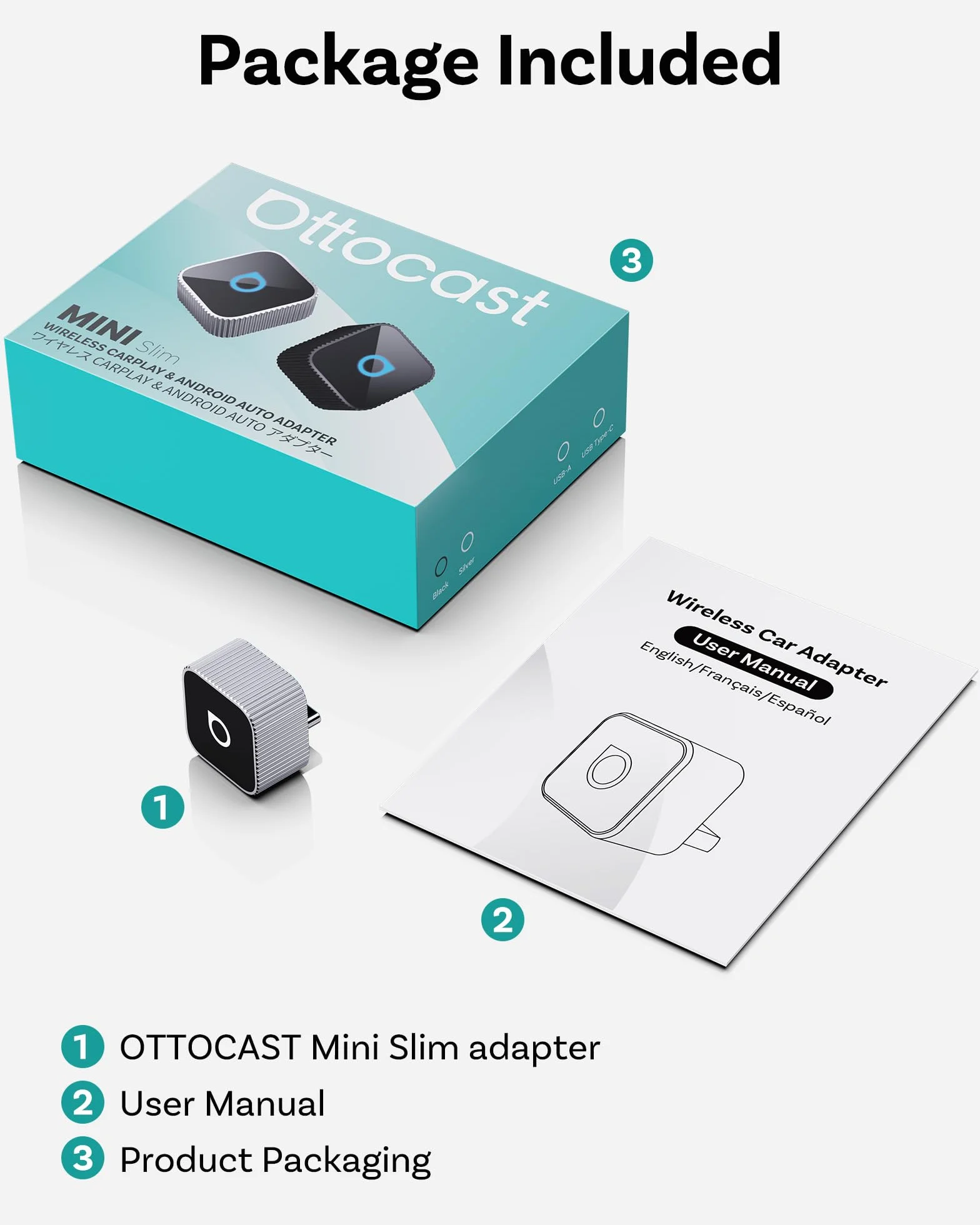 OTTOCAST Mini Cube 3.0 USB C bezprzewodowy adapter CarPlay Android Auto 2026 - Plug & Play srebrny