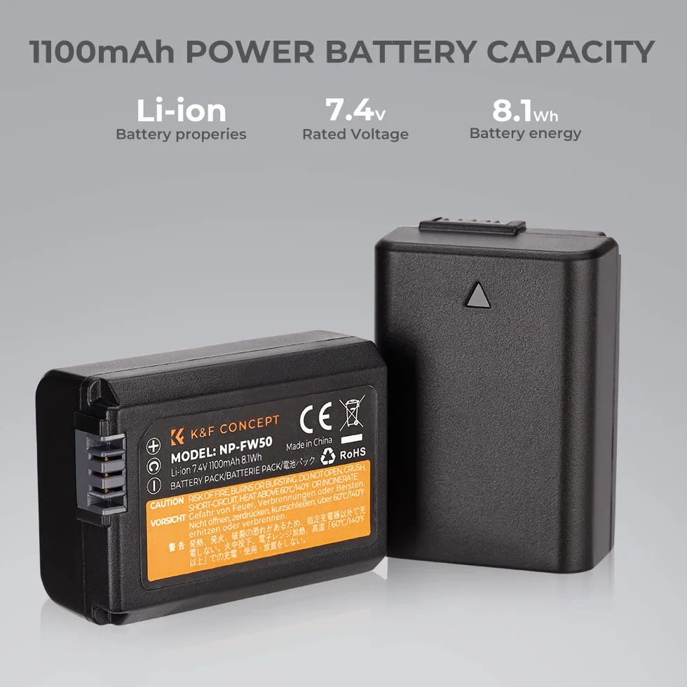 K&F CONCEPT NP-FW50 ładowarka do aparatu, bateria 1100 mAh, 2 sztuki zestaw do ładowania do Sony ZV-E10 A6000, A6500, A6300, A6400, A7, A7II, A7RII, A7SII, A7S, A7S2, A7R, A7R2, A55, A5100