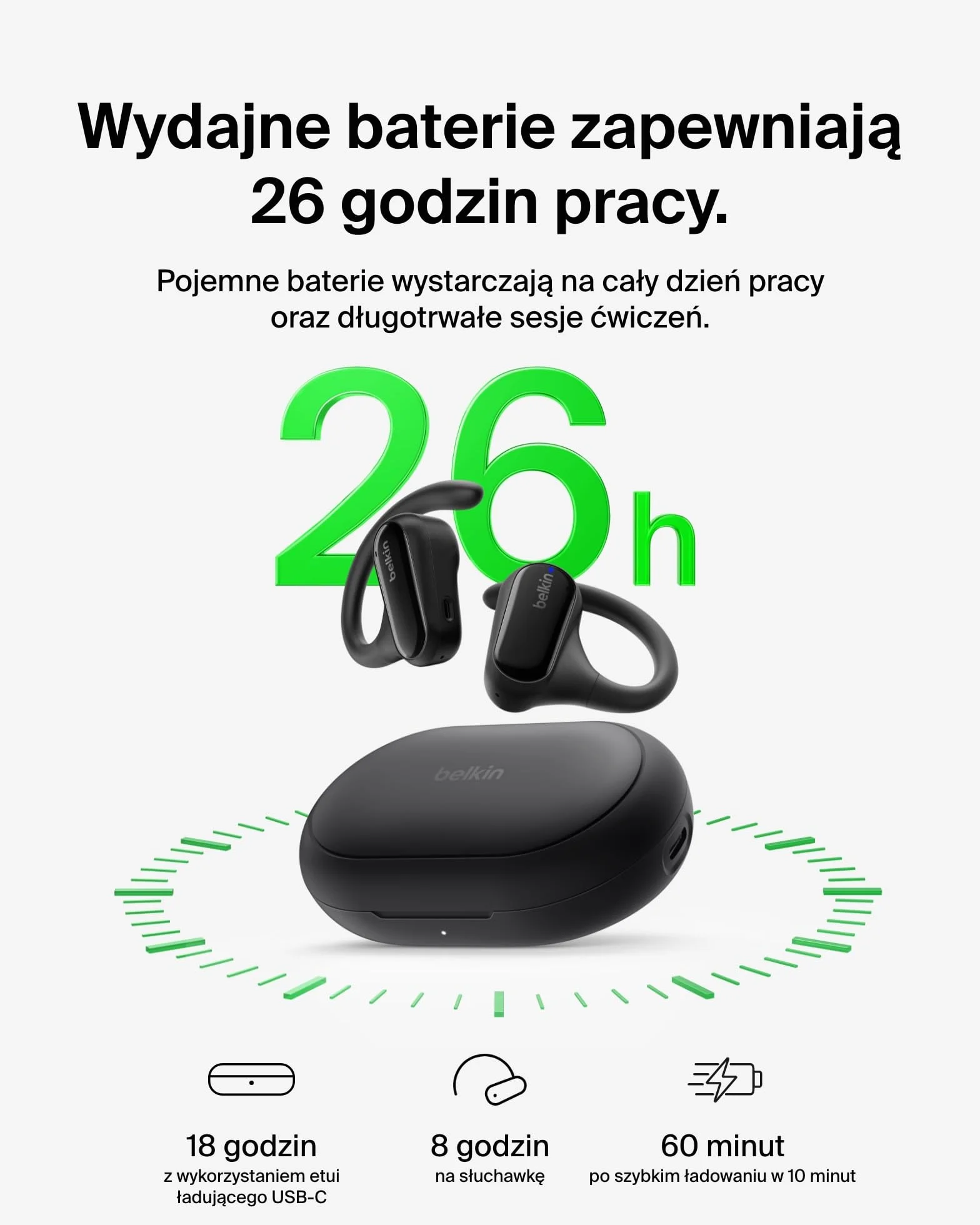 Belkin SoundForm ClearFit Bezprzewodowe Słuchawki Douszne typu Open-Ear, wodoodporne (IPX5) słuchawki bezprzewodowe sportowe Bluetooth, do jazdy na rowerze, wycieczek w góry, biegania – czarne
