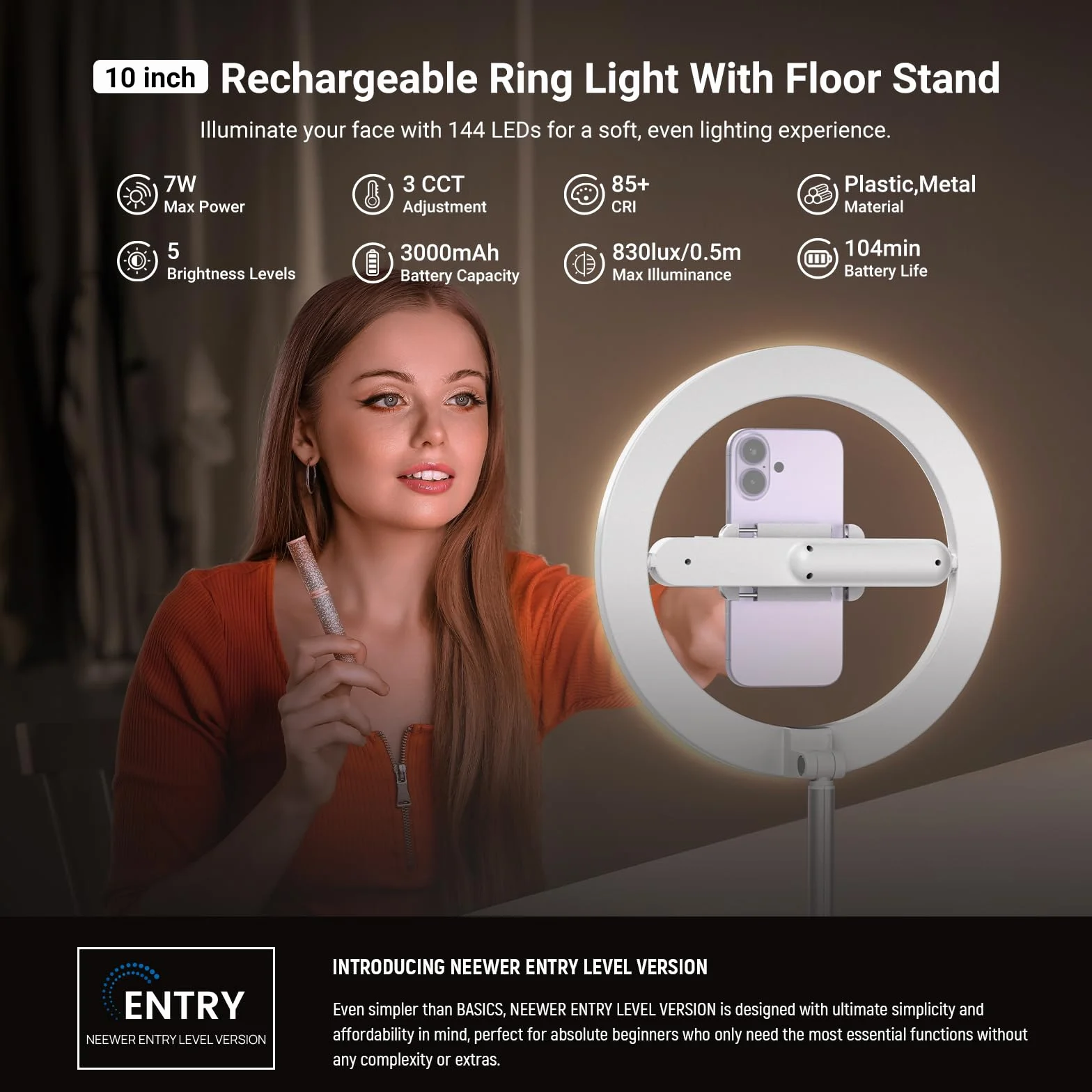 NEEWER Wersja wejściowa 25.4 cm 7W LED Ring Light ze stojakiem/uchwytem na telefon / 3 tryby kolorów, 175.3 cm teleskopowy pierścień do selfie, oświetlenie do iPhone Streaming Makeup Lash Studio