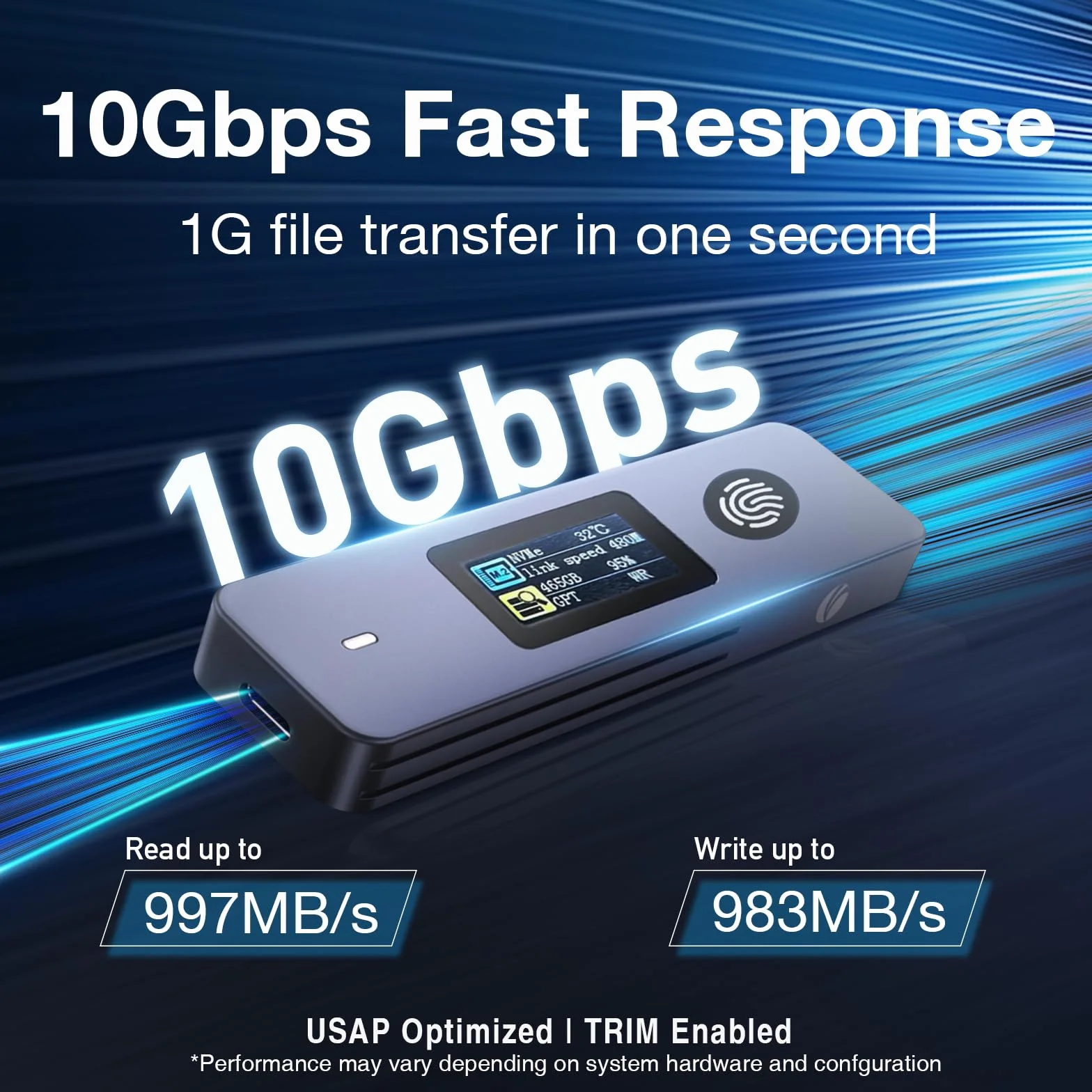 VCOM Obudowa SSD z wyświetlaczem LCD i szyfrowaniem linii papilarnych, USB 3.2 Gen2 10 Gb/s, M.2 NVMe i SATA, sprzętowy szyfrowany dysk zewnętrzny