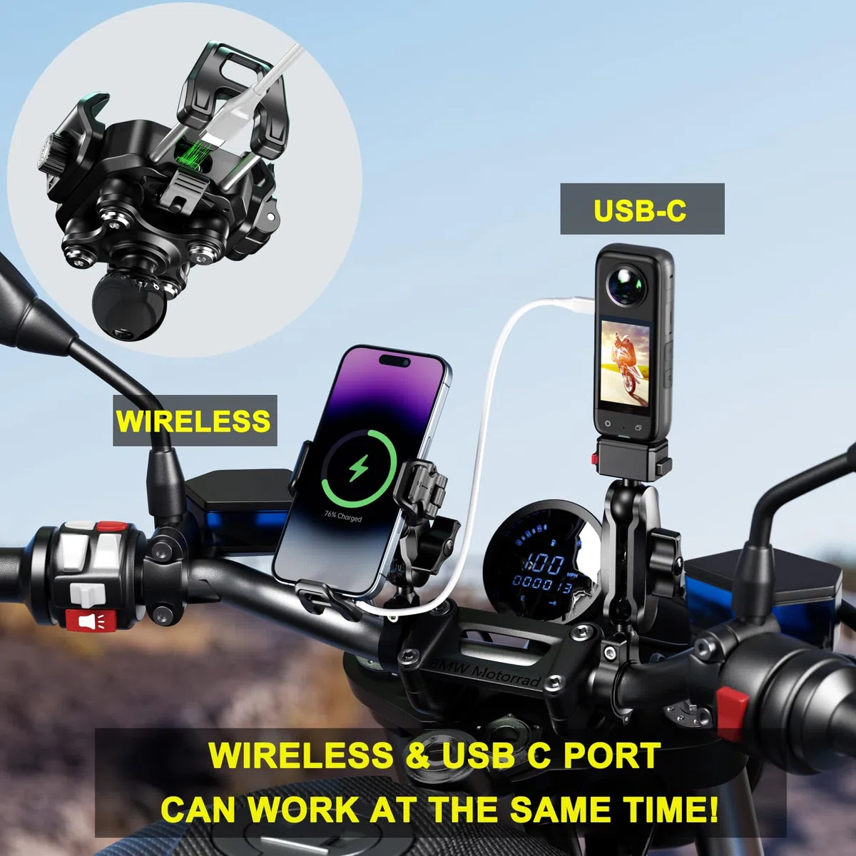iMESTOU Motocyklowy bezprzewodowy uchwyt na telefon USB C, antywibracyjny, antykradzieżowy, kulkowy uchwyt Qi, pasuje do telefonów o grubości do 15 mm, pasuje do kierownic 22-32 mm, pasuje do pojazdów