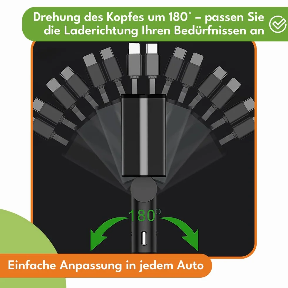 KRUMAD Ładowarka samochodowa 120W, Szybka ładowarka do auta 2x USB-C + 1x USB + 1x Lightning, adapter do gniazda zapalniczki z wyświetlaczem LED, kompatybilna z większością smartfonów