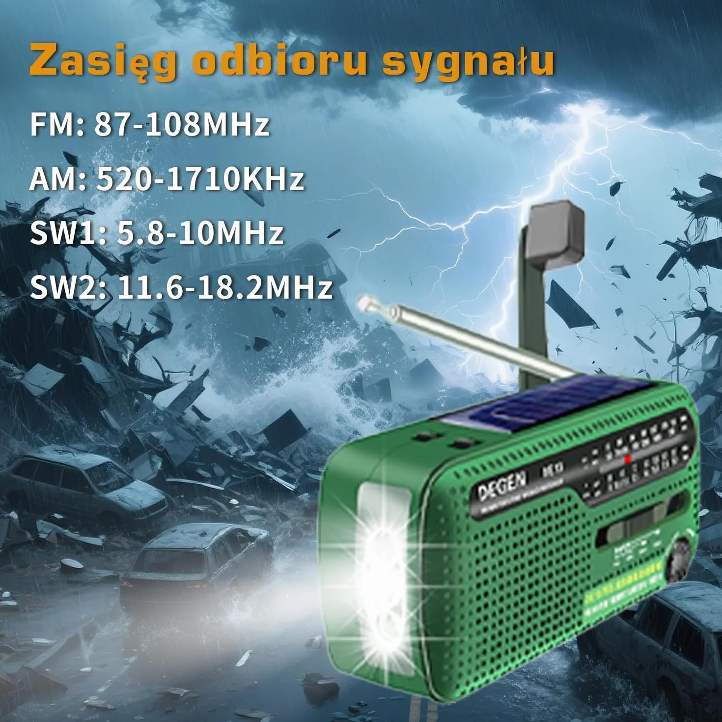 DEGEN DE13 Wind Up Radio korbowe solarne FM AM SW awaryjne radio pogodowe latarka SOS alarm ładowalny telefon komórkowy do użytku awaryjnego i na zewnątrz zielony