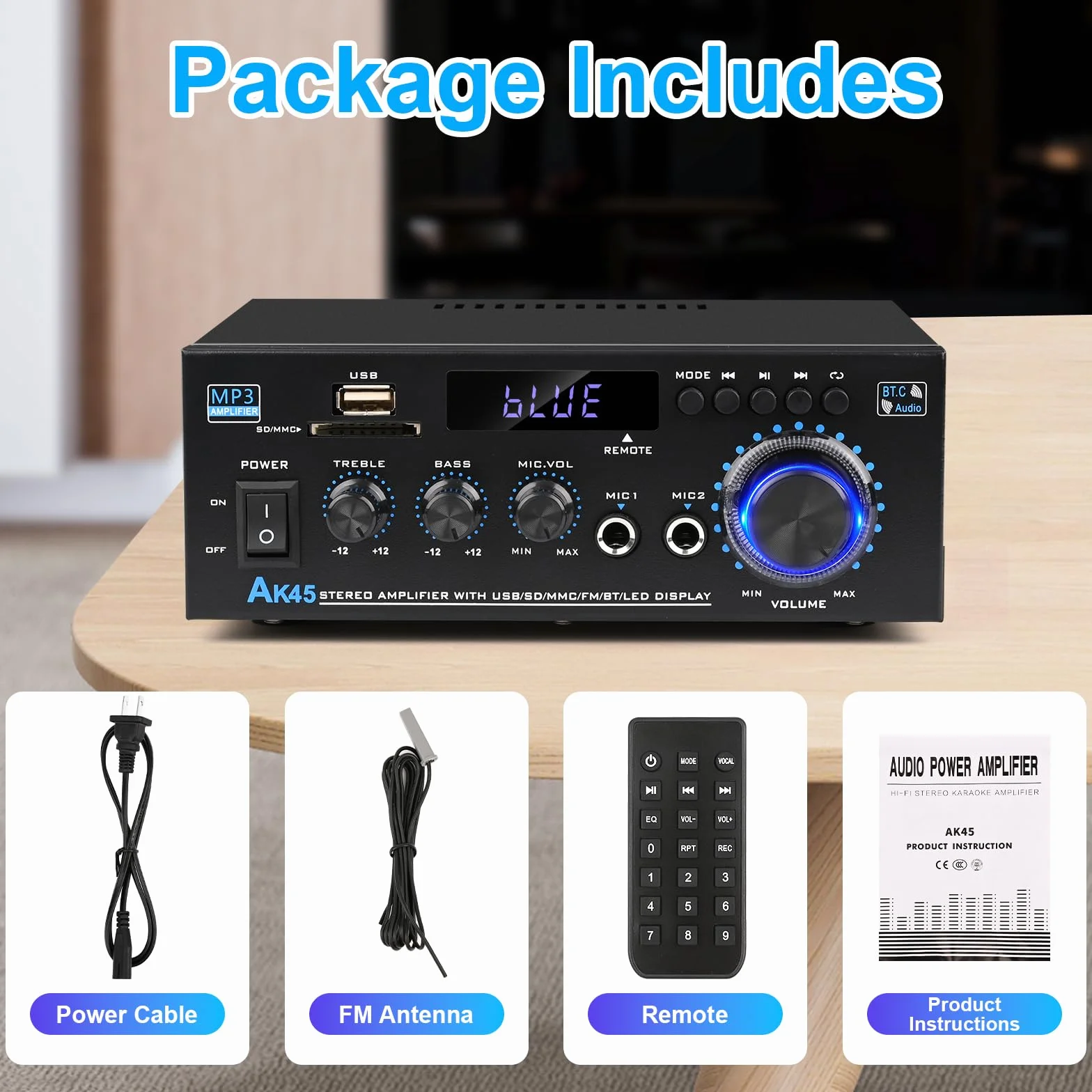 Romicta Wzmacniacz audio, wzmacniacz HiFi, wzmacniacz stereo 600 W, 2-kanałowy, Bluetooth 5.0, wyświetlacz LCD 12 V, 220 V, Hi-Fi, przenośne radio FM, karta SD Card/USB, do domu lub samochodu