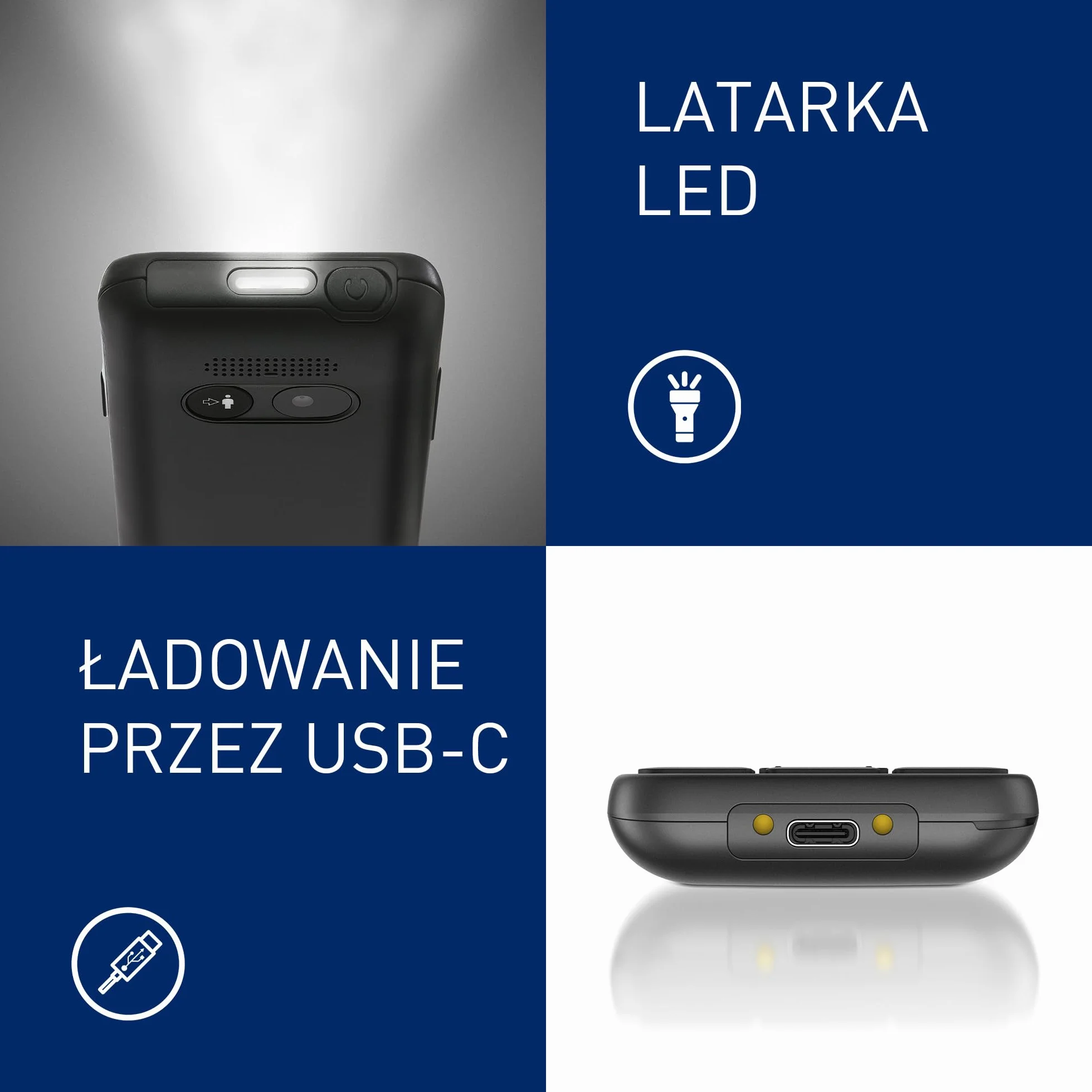 Panasonic KX-TU260EXB Telefon komórkowy 4G duże przyciski IP44 USB C czas rozmowy 7,5h ekran 2,4 cala czarny