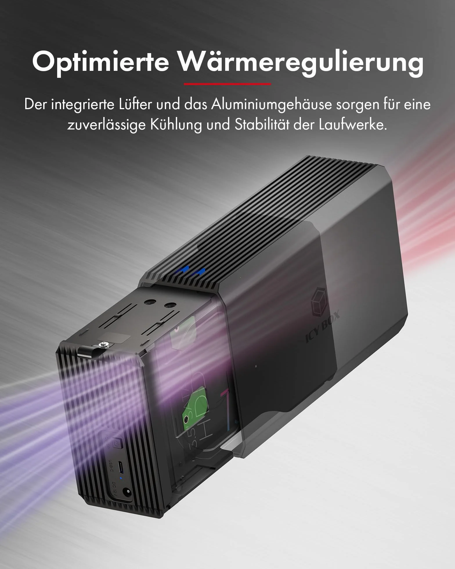 ICY Box (RAID system do 2 × 2,5"/3,5" HDD/SSD) USB 3.2 Gen 1 Type-C 5 Gbit/s, RAID 0/1/SINGLE/LARGE, zintegrowany wentylator 50 mm, wskaźnik stanu LED, IB-RD3720-CU3