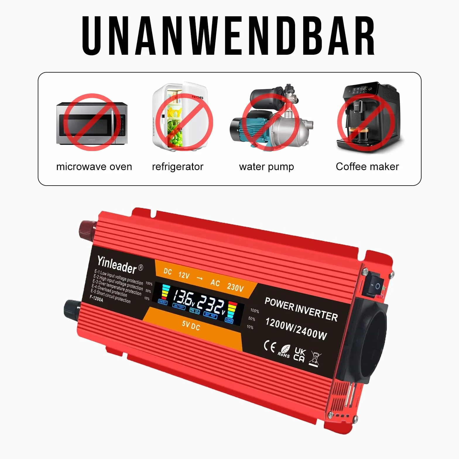 Yinleader Przetwornica napięcia 1200 W 2400 W 12 V 230 V falownik Dual USB Power Inverter z wyświetlaczem LCD czerwony