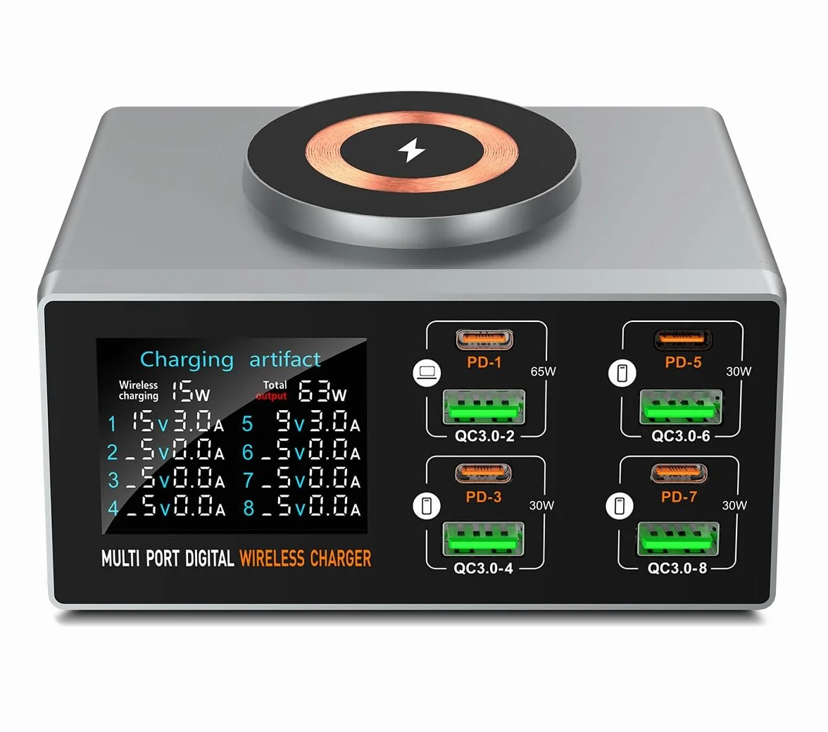 Multi-Function Magnetic Absorption Display Smart Charger, JHZL 140 W 8-portowy USB C z 65 W PD, QC3.0, bezprzewodowa ładowarka, wyświetlacz LCD do MacBook, laptopa, iPada, iPhone'a, Samsunga