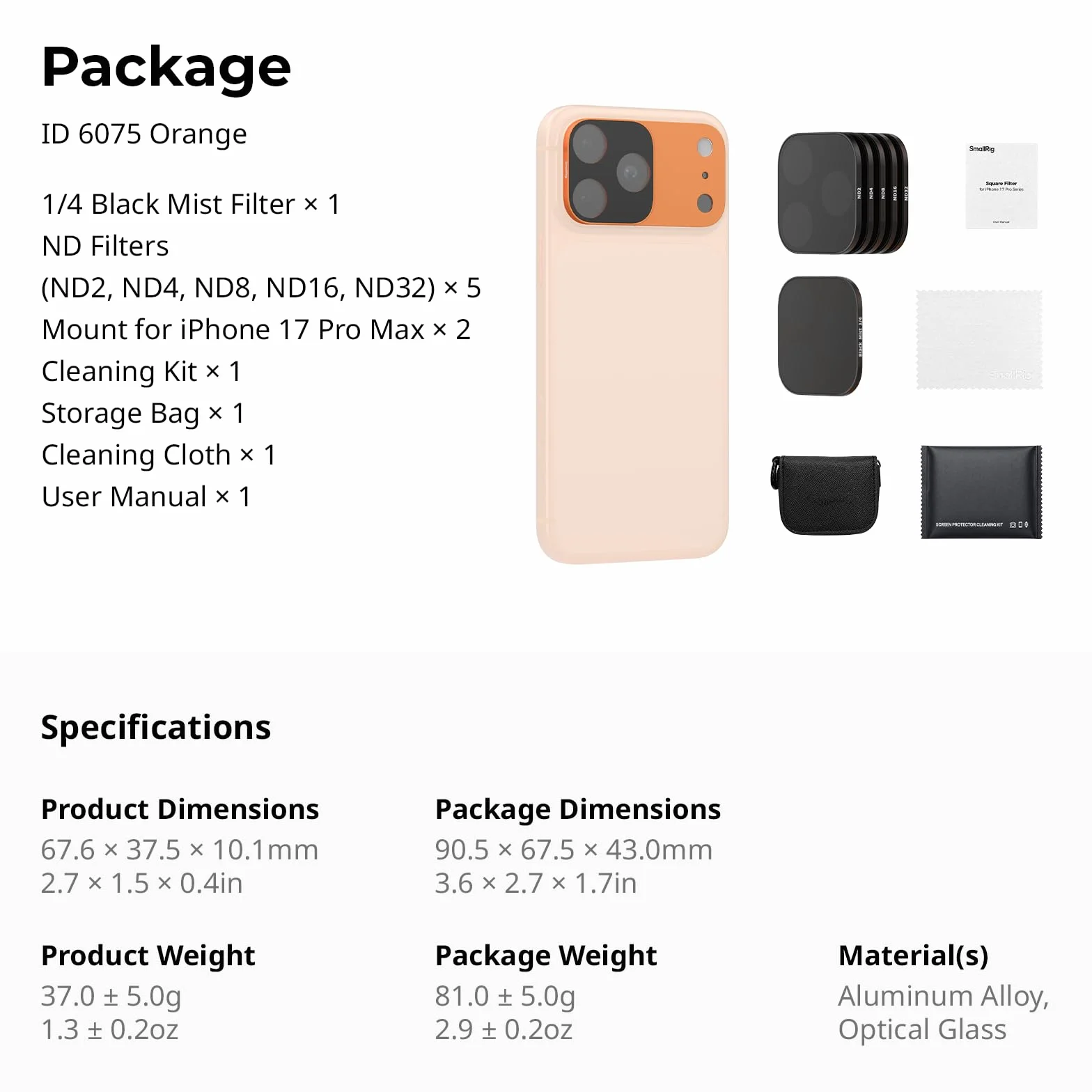 SmallRig Kwadratowy zestaw filtrów ND i czarnej mgły do iPhone 17 Pro Max (pomarańczowy) 6075