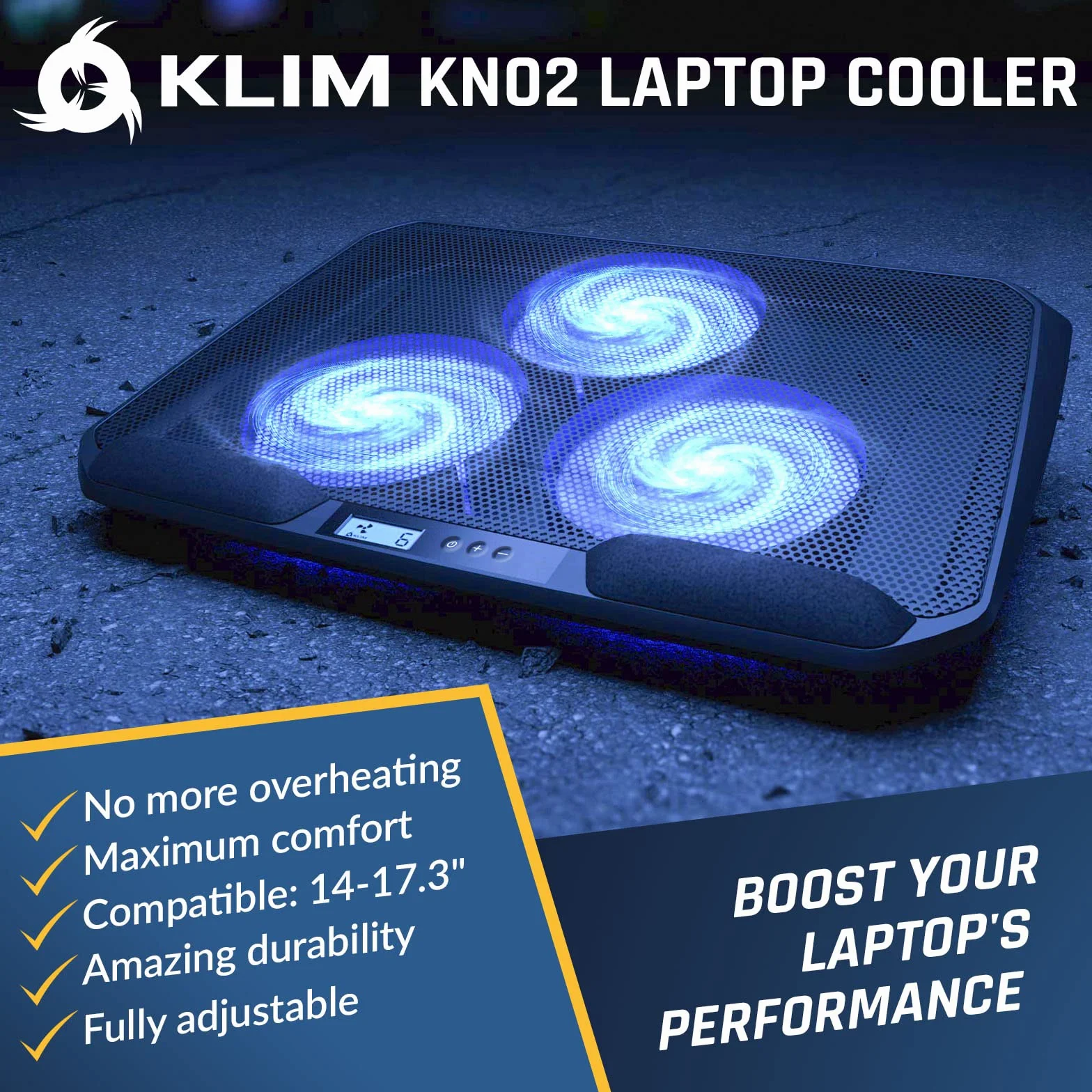 KLIM KN02 Podkładka chłodząca do laptopa 27.9-43.9 cm, wygodne, amortyzowane nadgarstki, mocny wentylator chłodzący do laptopa 1500 obr./min, cicha chłodziarka do laptopa z metalową siatką i 5-letnią