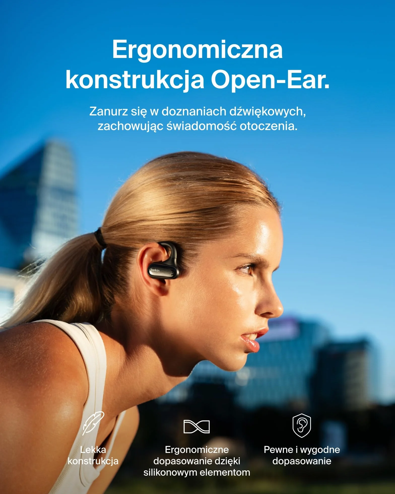 Belkin SoundForm ClearFit Bezprzewodowe Słuchawki Douszne typu Open-Ear, wodoodporne (IPX5) słuchawki bezprzewodowe sportowe Bluetooth, do jazdy na rowerze, wycieczek w góry, biegania – czarne
