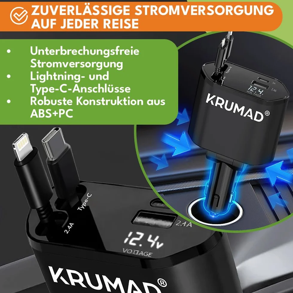 KRUMAD Ładowarka samochodowa 120W, Szybka ładowarka do auta 2x USB-C + 1x USB + 1x Lightning, adapter do gniazda zapalniczki z wyświetlaczem LED, kompatybilna z większością smartfonów