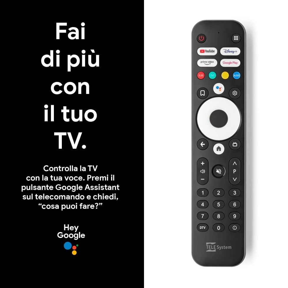 TELE System ON T2 HD: Dekoder naziemny cyfrowy Android TV, Smart TV Upgrade, Tuner DVB-T2 HEVC HDR10+HLG, HDMI, Adapter SCART w zestawie - Certyfikowany przez Google