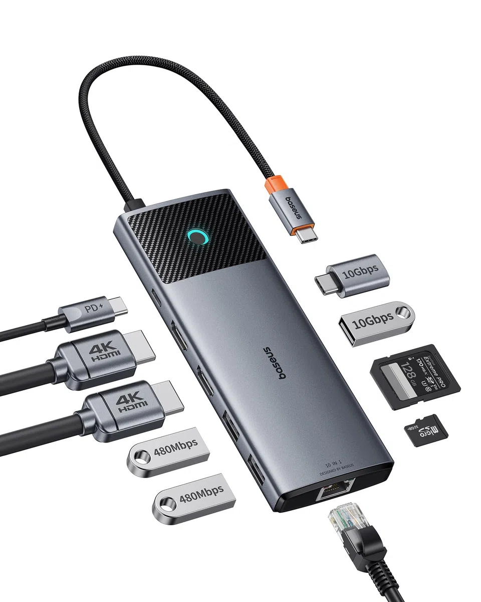 Baseus Stacja dokująca USB C 2 wyświetlacz, 10 Gbps 10 w 1 stacja dokująca z 2 HDMI Single 4K 120 Hz, Dual 4K 60 Hz, 10 Gbps USB-A i USB-C, Gigabit Ethernet i PD 100 W do Mac/Dell/HP/Lenovo