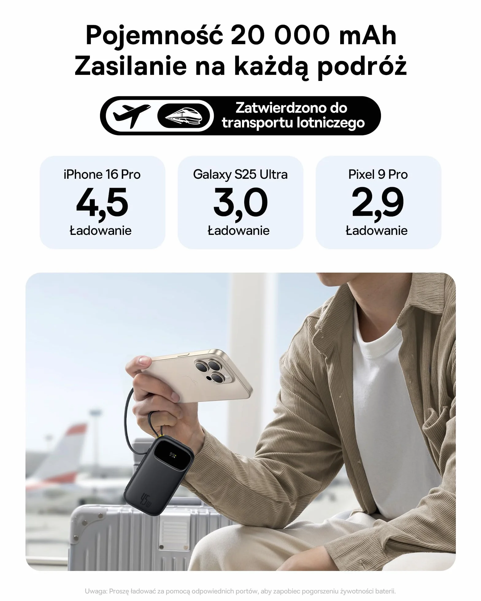 Baseus QPow3 Powerbank 45 W 20 000 mAh 2 wbudowane kable USB-C PD3.0 QC4.0 3 USB C 1 USB A zewnętrzny akumulator