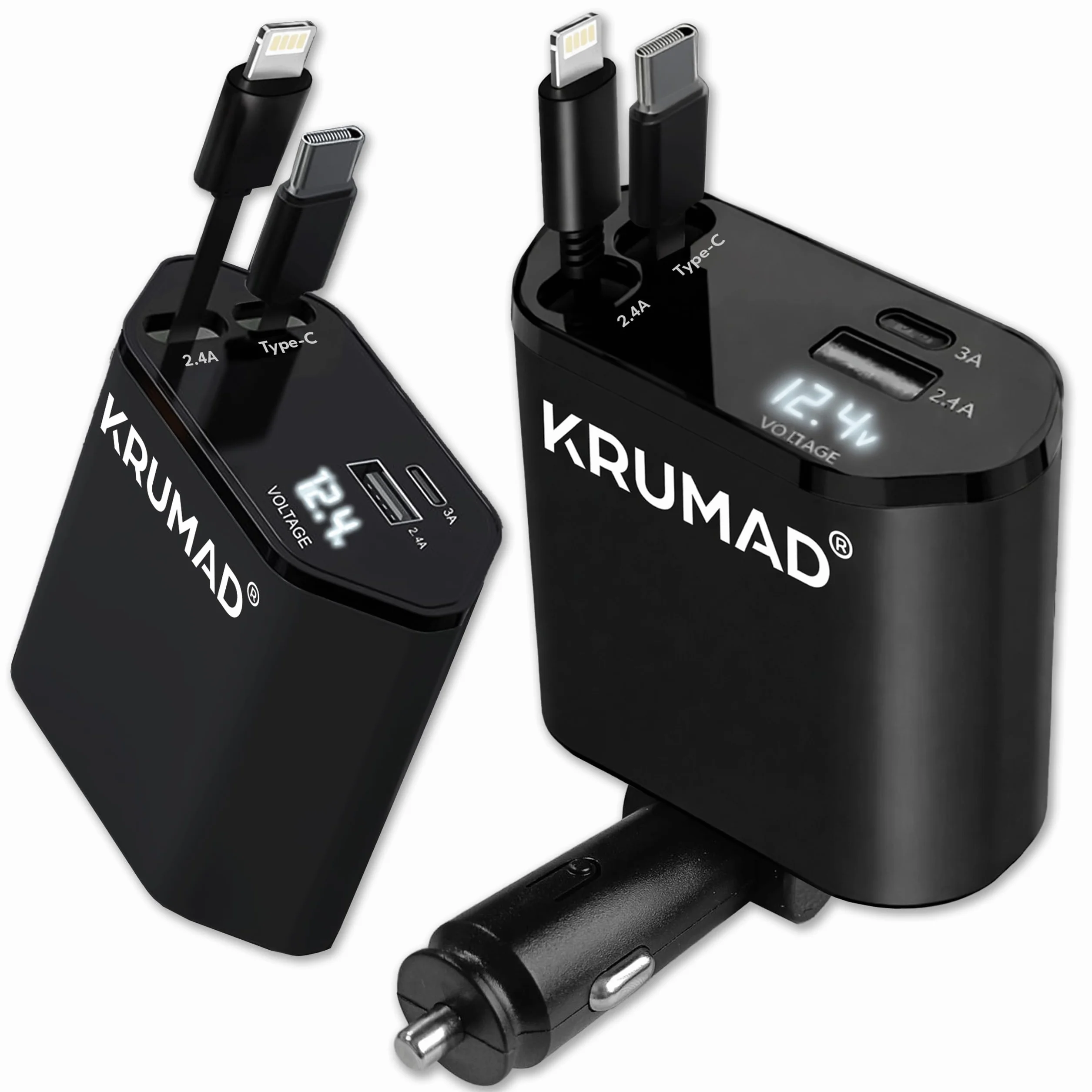 KRUMAD Ładowarka samochodowa 120W, Szybka ładowarka do auta 2x USB-C + 1x USB + 1x Lightning, adapter do gniazda zapalniczki z wyświetlaczem LED, kompatybilna z większością smartfonów