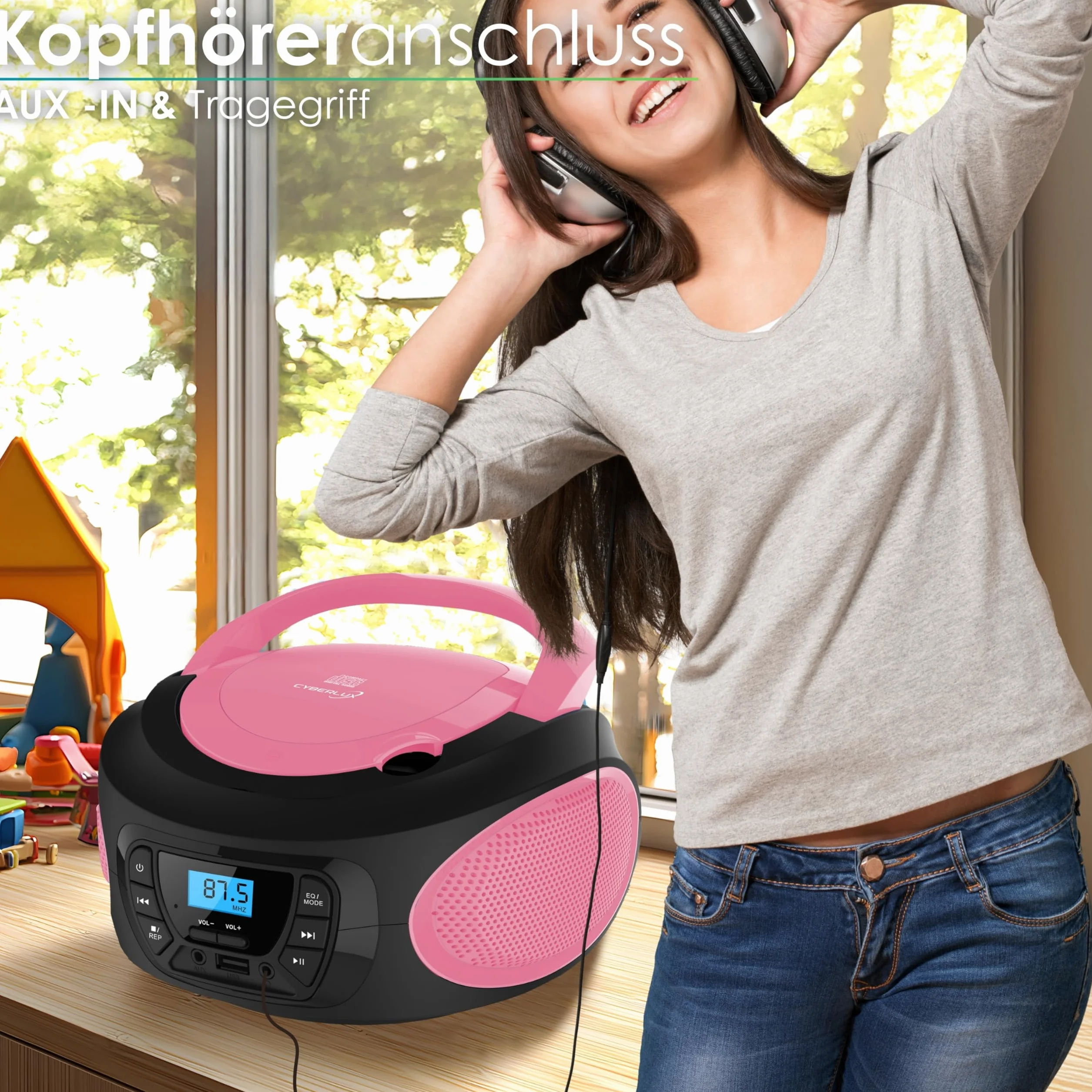 Boombox - Przenośny odtwarzacz CD - CD/CD-R - USB - Radio FM - Wejście AUX-IN - Gniazdo słuchawkowe - Radio dla dzieci - Radio CD - System stereo - Kompaktowy - Jasnoróżowy (Pretty Pink)