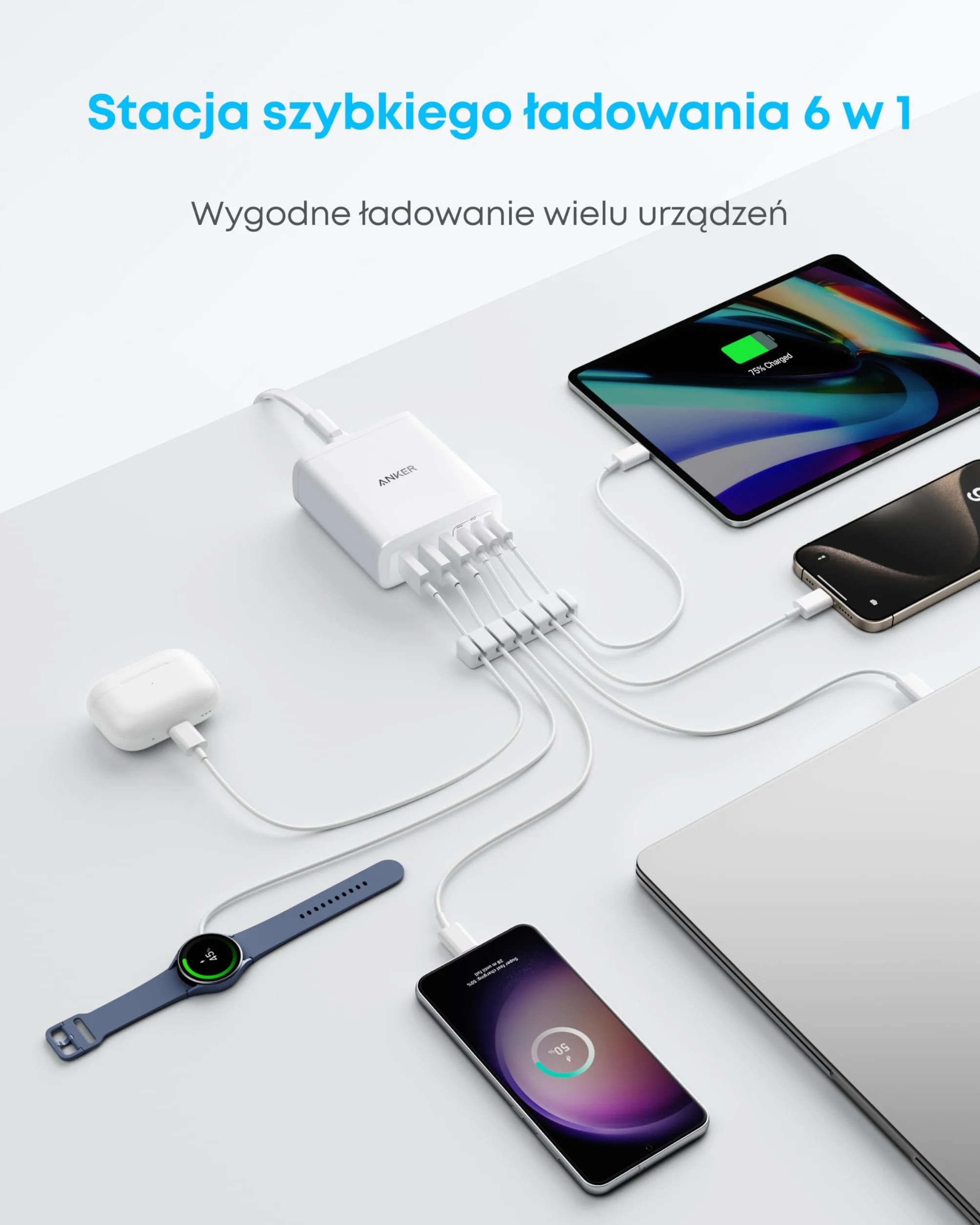 Anker USB-C Charger, stacja ładująca 6-portowa z wyjściem 112 W, do iPhone'a 16/15/14/13/12 Series, MacBook Air, Pixel, Galaxy, iPad i więcej (kabel nie jest dołączony)