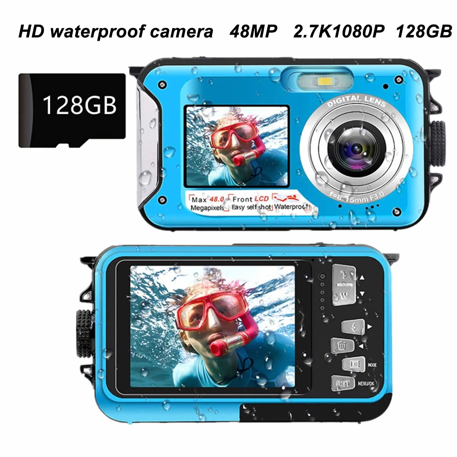 Aparat Podwodny, Wodoodporny Aparat Cyfrowy 2,7 ​​K 48 MP, 10 Stóp, 16-krotny Zoom Cyfrowy, Podwójny Ekran Selfie Podwodny Aparat do Snorkelingu (BLUE)