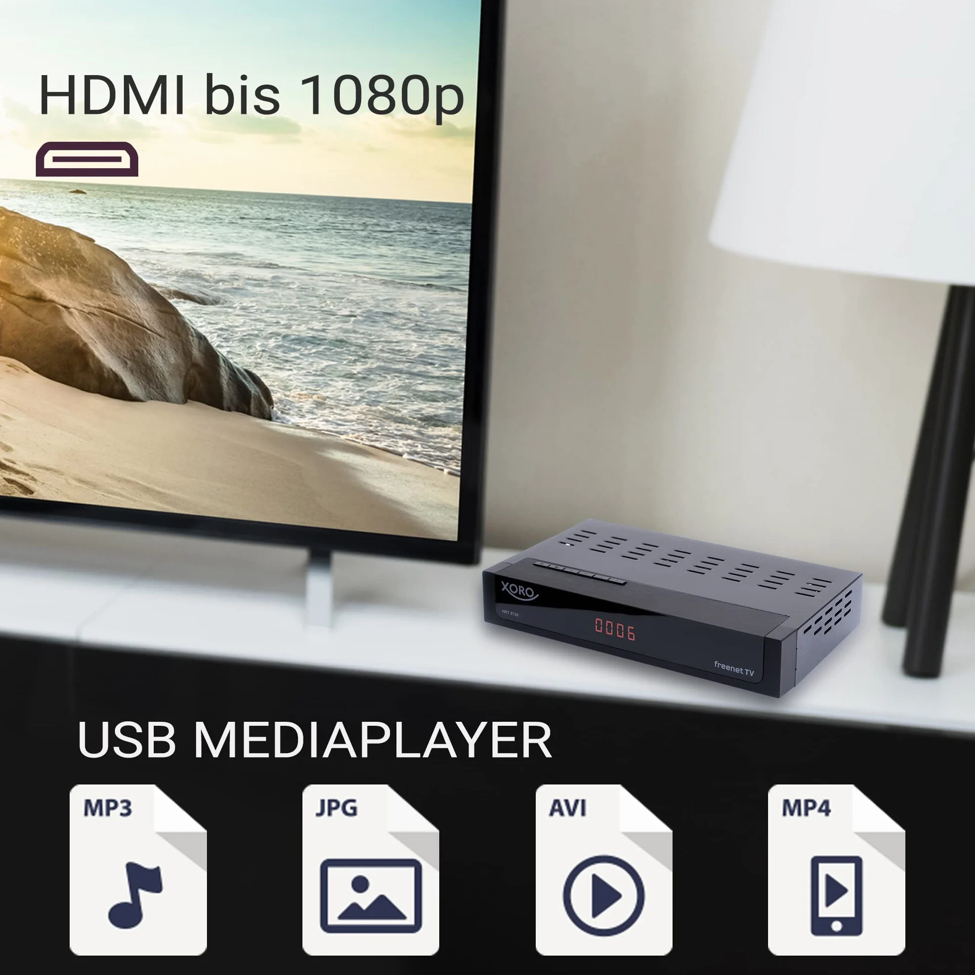 XORO Odbiornik DVB-C/T2 Combo HRT 8730 Hybrid z odtwarzaczem multimedialnym USB, PVR Ready, Timeshift, wbudowanym systemem dostępu Irdeto do Freenet TV i 6 miesięcy