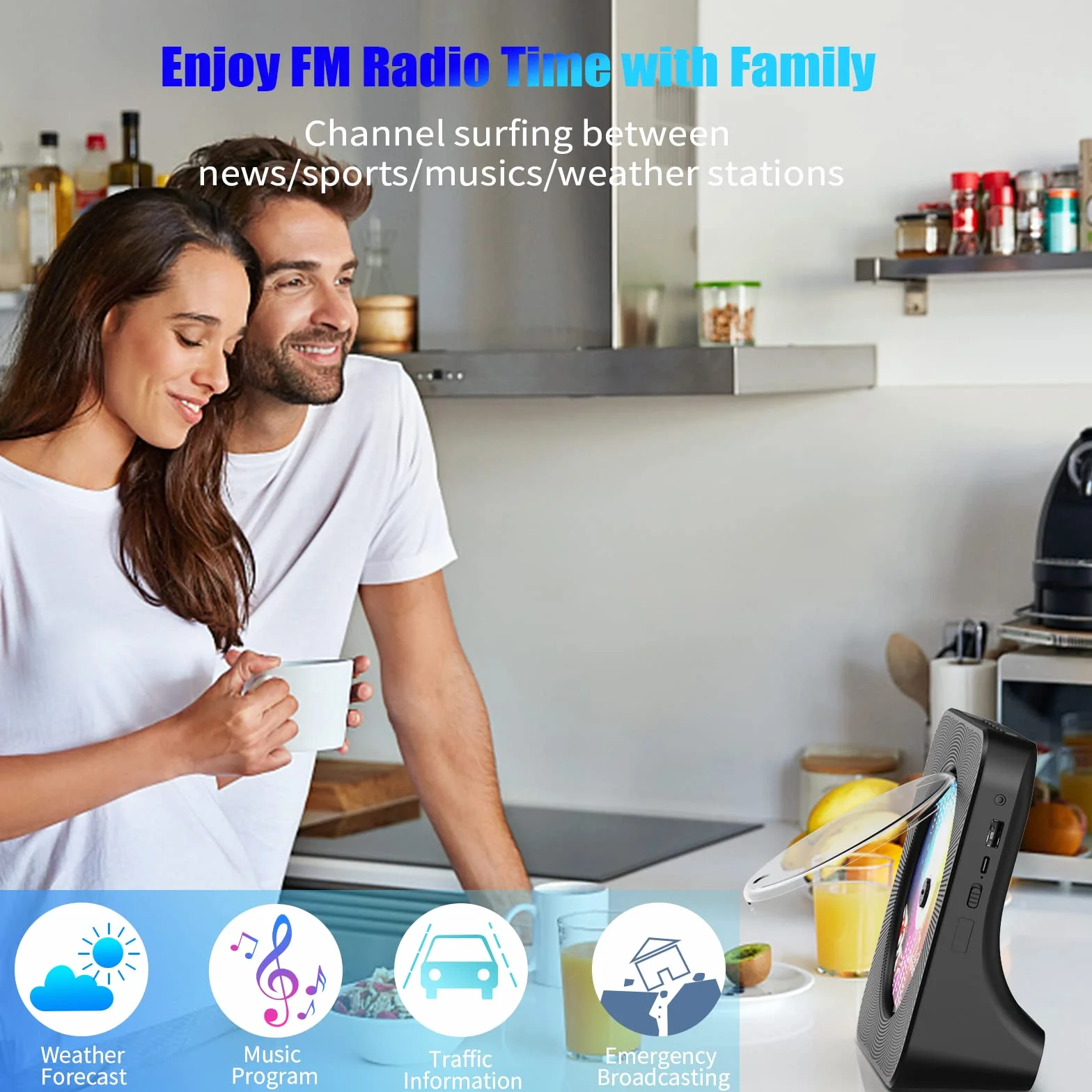 Gueray Desktopowy odtwarzacz CD z Bluetooth, Radio FM, USB-C, wbudowane głośniki HiFi, LED, czarny