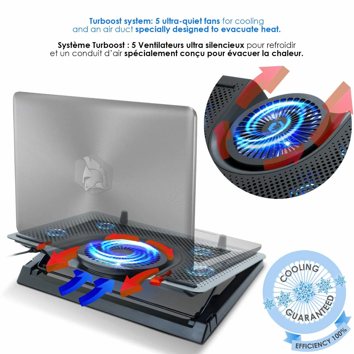 EMPIRE GAMING Turboost aluminium wentylator chłodzący do laptopa 12-17 cali 5 cichych wentylatorów niebieski LED USB