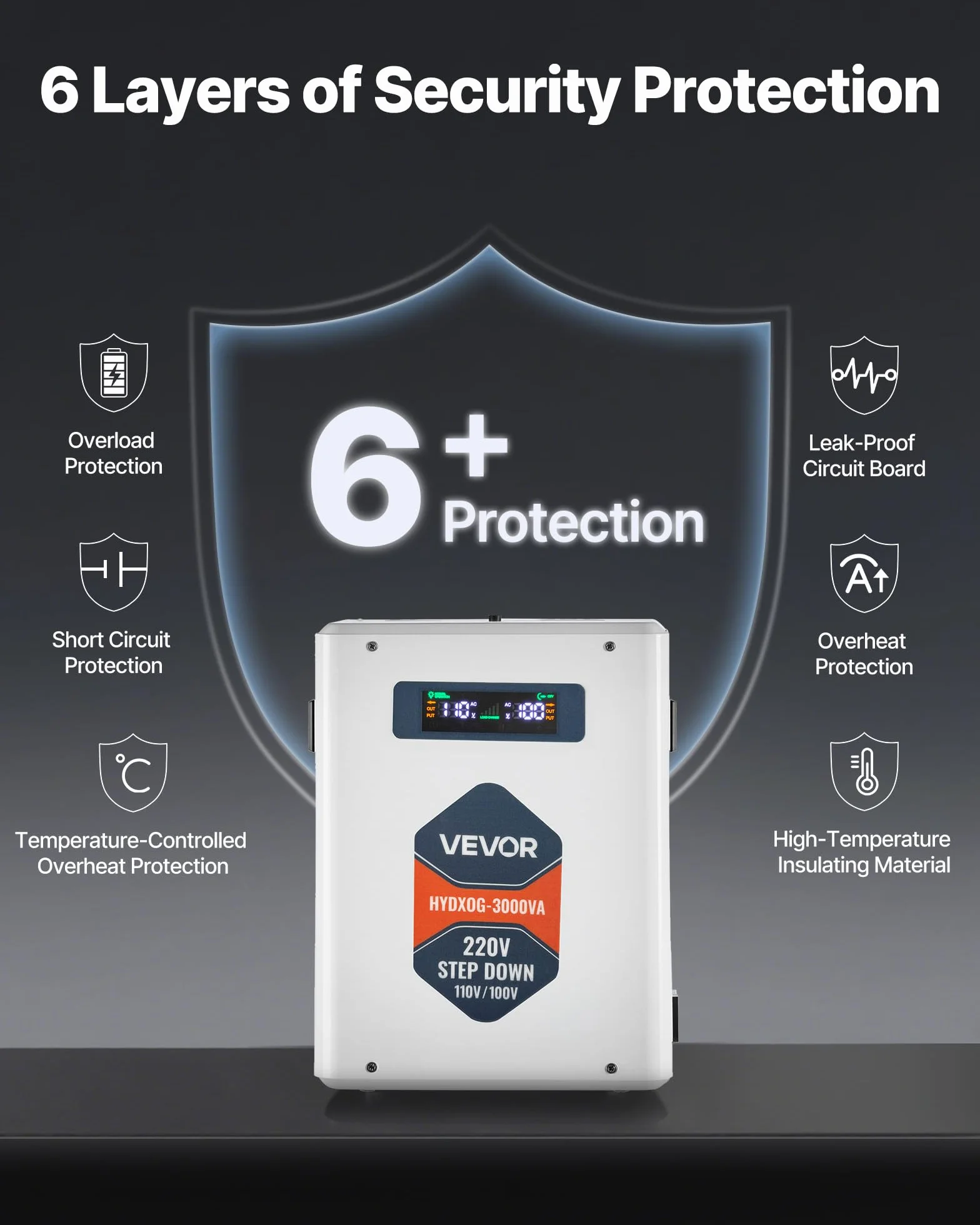 VEVOR Przetwornica napięcia Step-Down 3000 VA, Heavy Duty Transformator mocy 220 V na 110 V z 2 gniazdami USA, wyjściem USB, wyświetlaczem LCD, ochroną temperatury