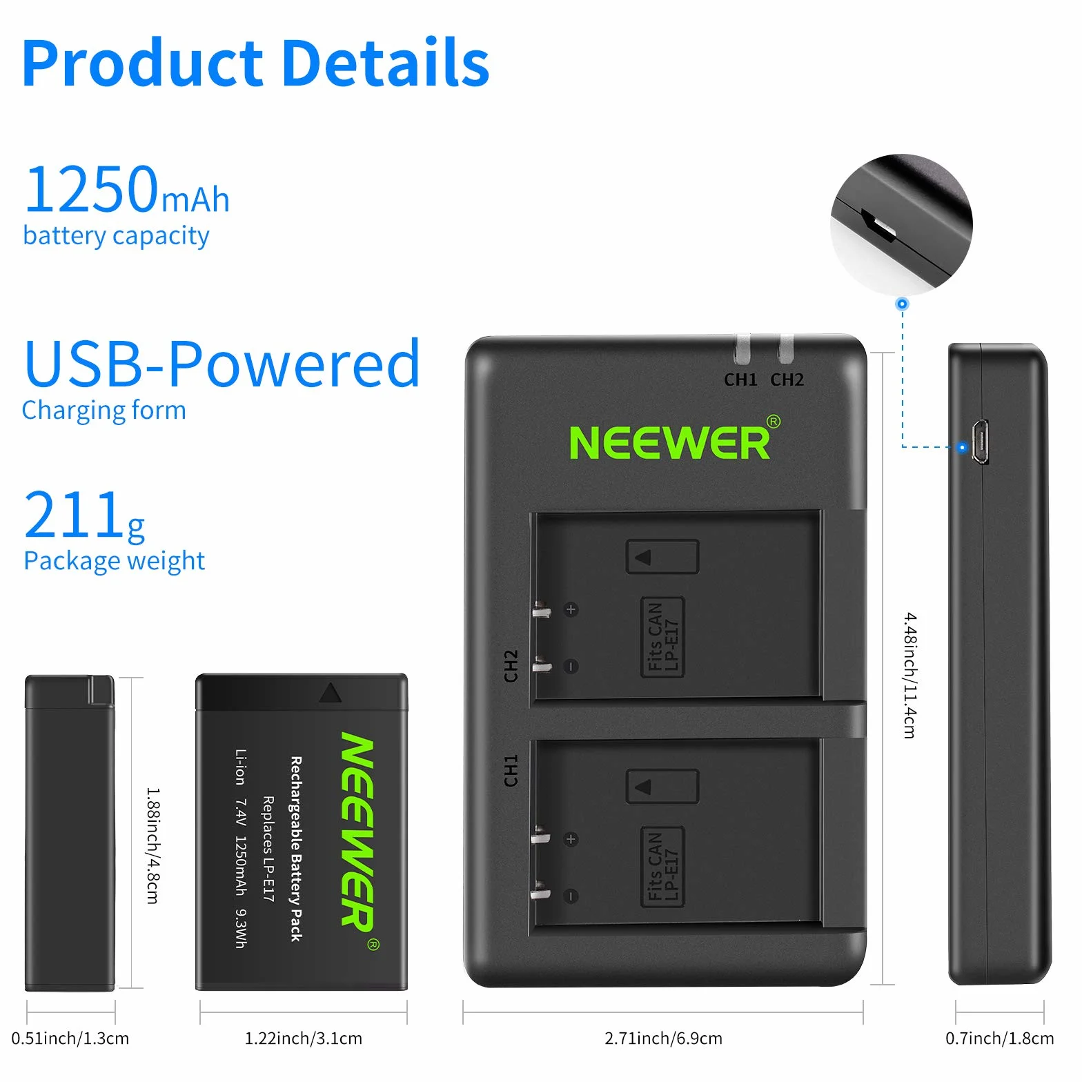NEEWER 2-Pack LP-E17 Bateria zapasowa i podwójna ładowarka USB do Canon EOS R8 R10 R50 RP 77D 750D 760D 800D M6 II M6 M5 M3 Rebel SL2 SL3 T6i T6s T7i T8i