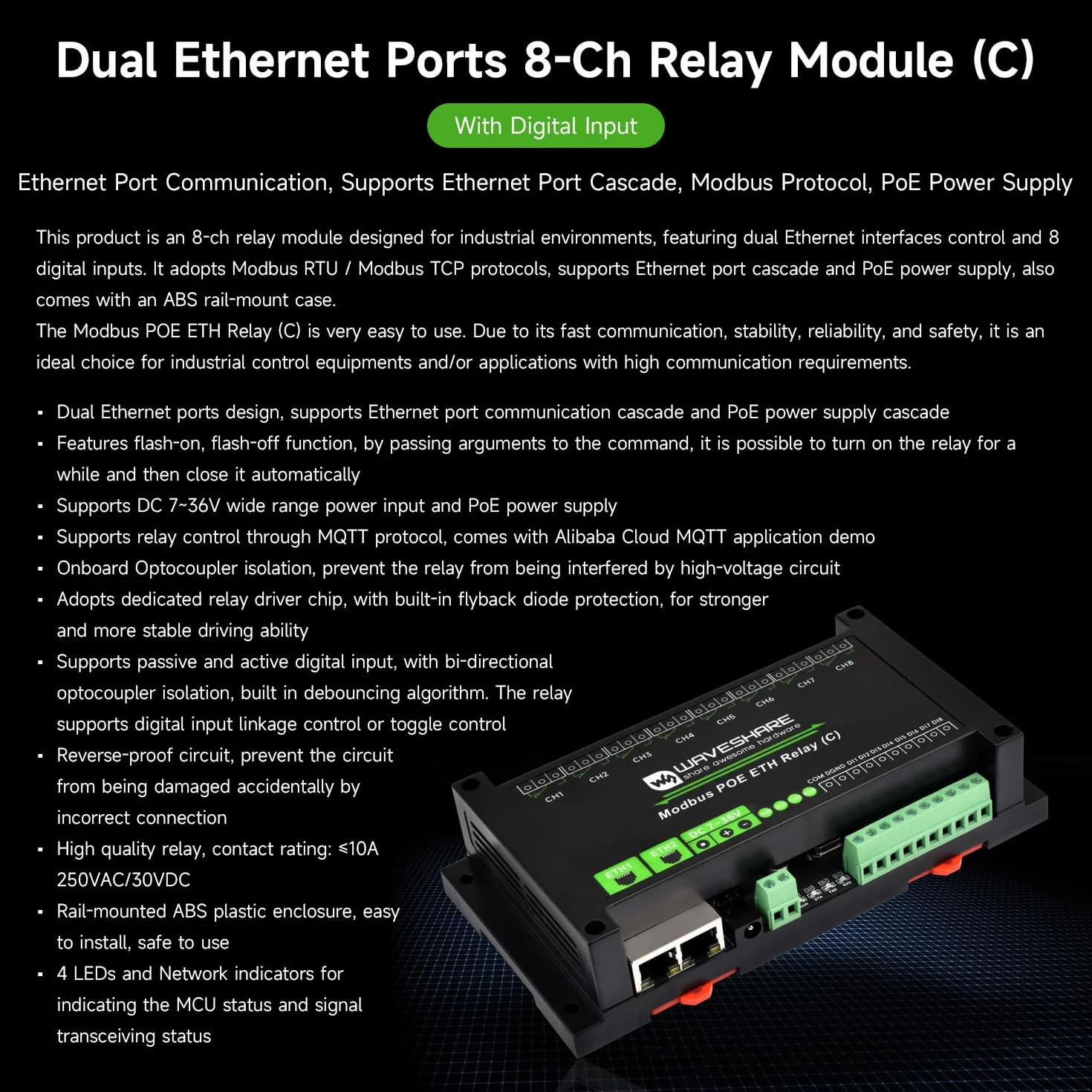 Waveshare 8-Ch Relay Module Dual Ethernet Ports PoE Modbus RTU Industrial Rail-Mount