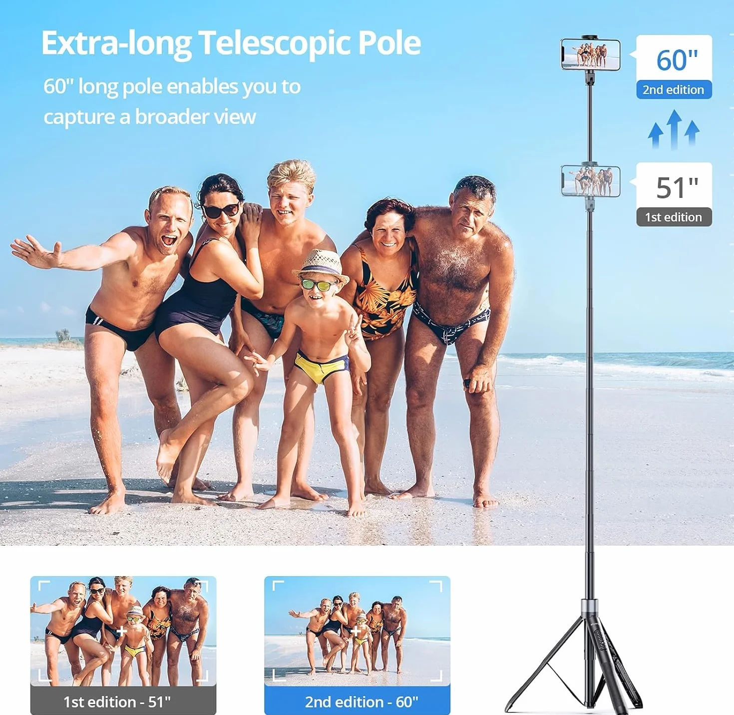 ATUMTEK kijek do selfie o długości 150 cm, z wytrzymałego aluminium i antypoślizgowymi nóżkami do telefonów iPhone/telefonów z systemem Android, do selfie, nagrywania wideoblogów i transmisji na żywo