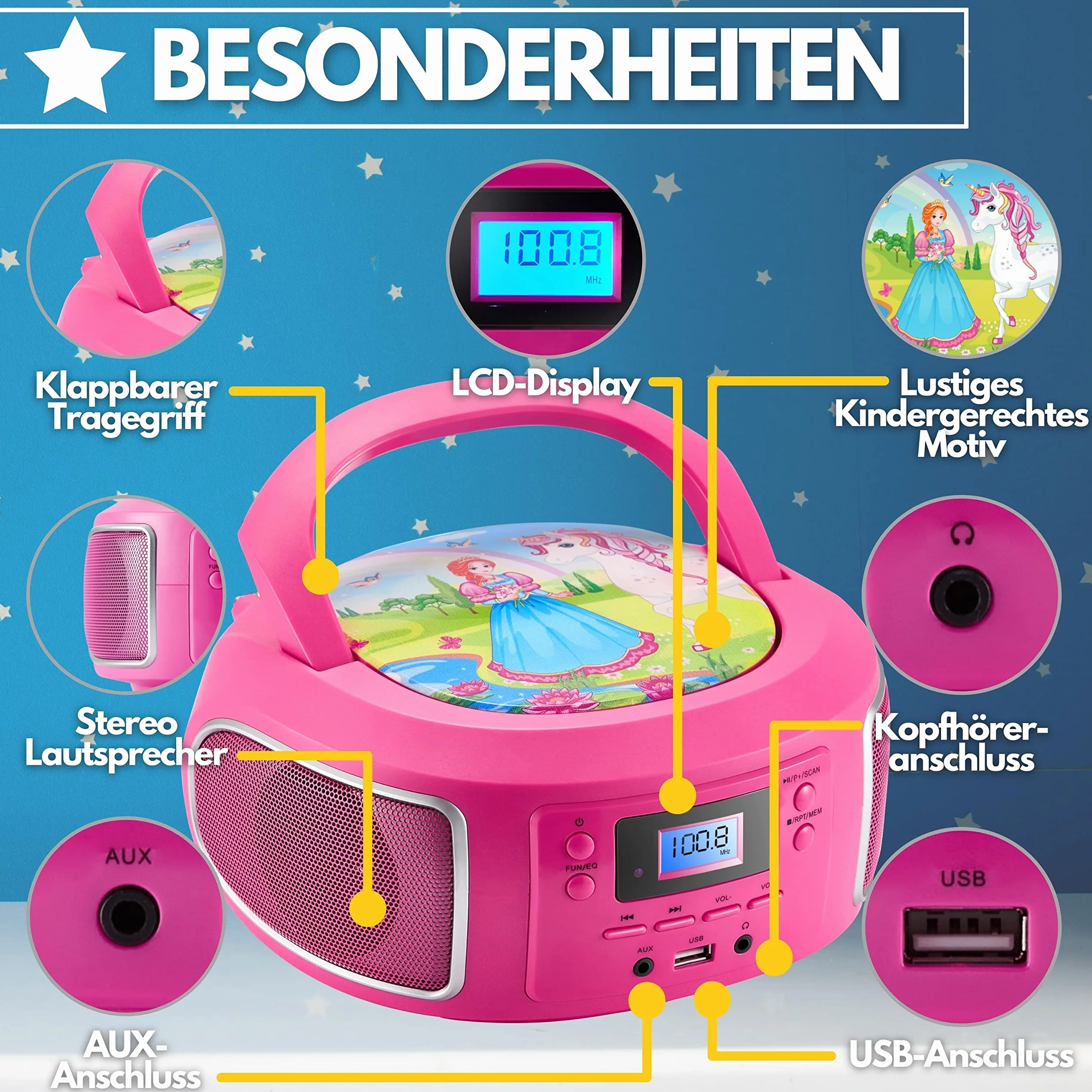 Przenośny Boombox z radiem FM, AUX-in, CD/CD-R, USB, złącze słuchawkowe - kompaktowy zestaw stereo dla dzieci
