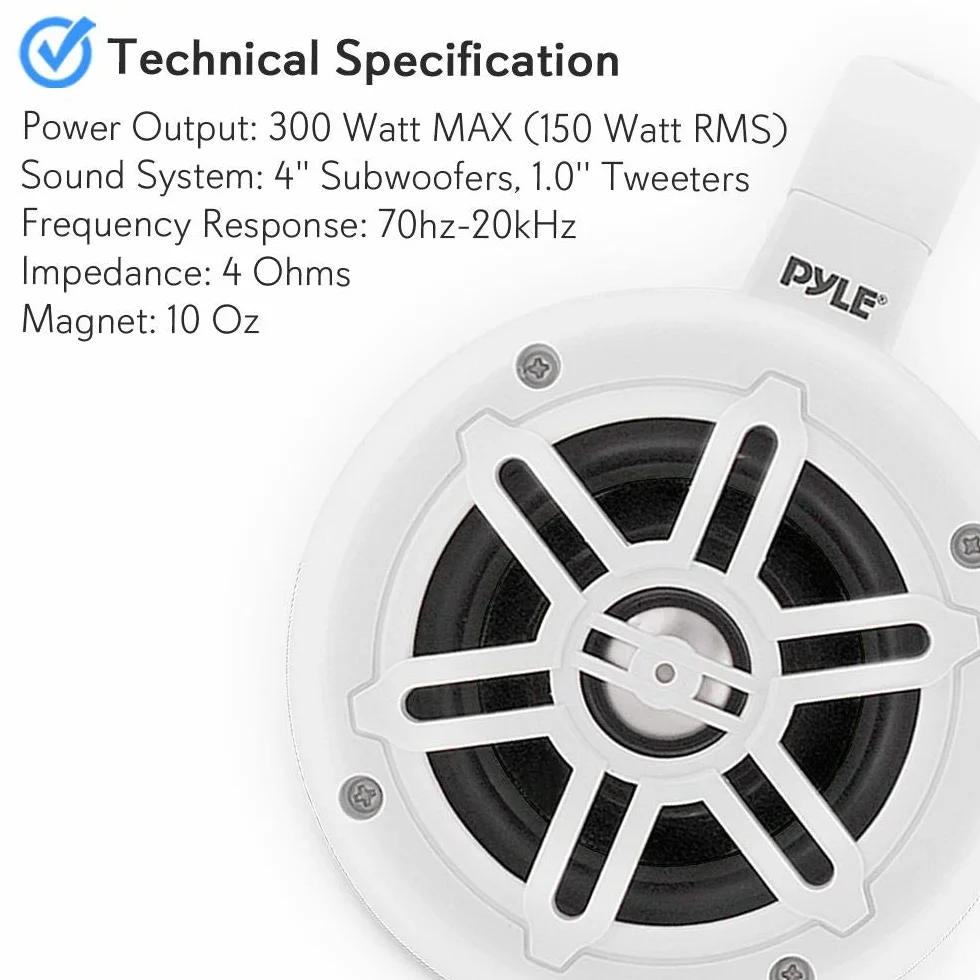 Pyle PLMRWB45W Waterproof Marine Wakeboard Tower Speakers 4 Inch Dual Subwoofer 300W Boat Audio System