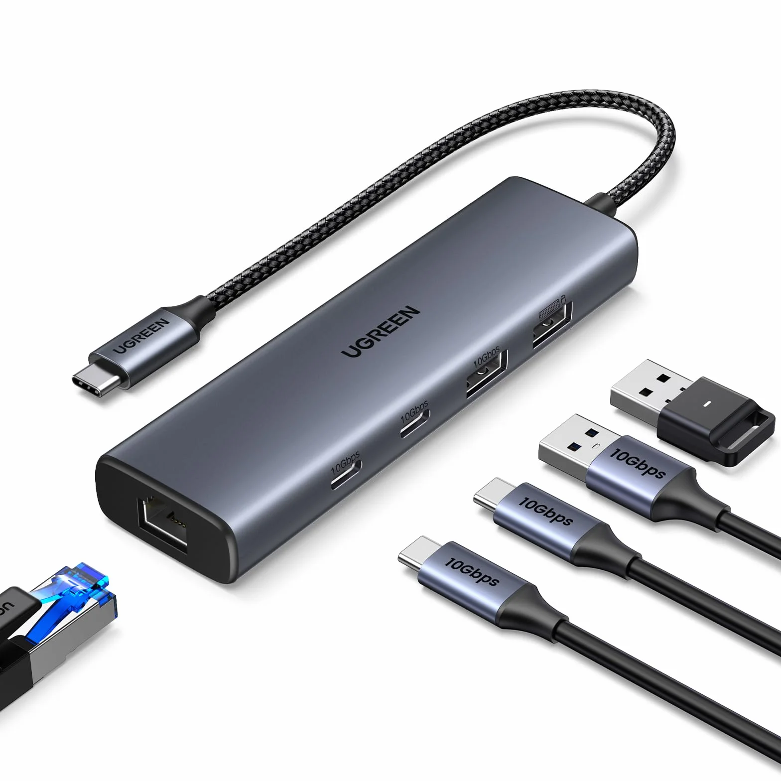 UGREEN Hub Ethernet USB C, adapter Ethernet 10 Gb/s USB 3.2 z 2 portami USB-C, 2 x port USB-A i 1 x adapter sieciowy RJ45 Gigabit LAN do Thunderbolt 3/laptopa/iPhone'a/iPada/tabletu/switcha/Steam Deck