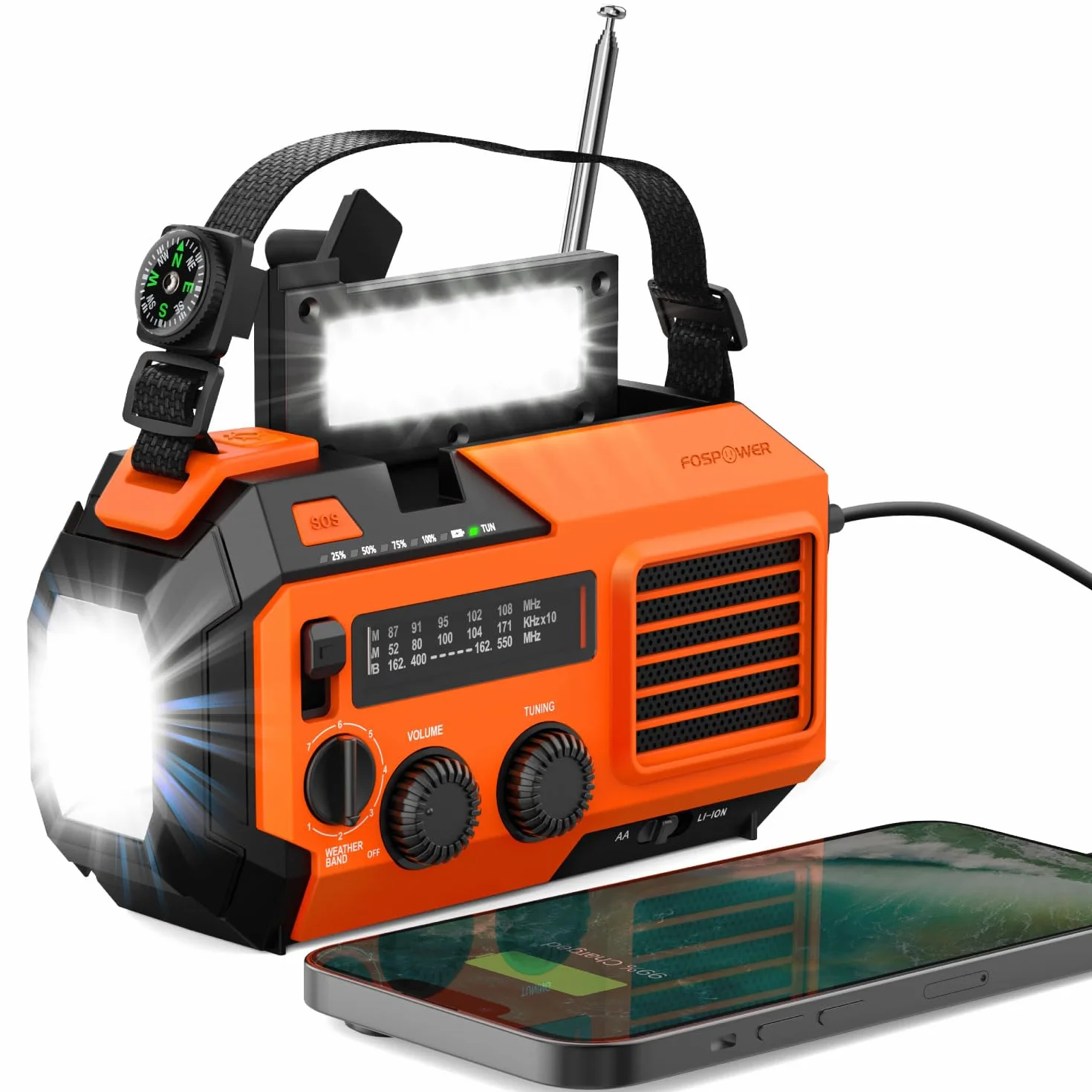 FosPower Awaryjne radio pogodowe (model A6) NOAA/AM/FM z przenośnym powerbankiem 18500 mWh, ładowanie USB/słoneczne/korbą ręczną, zasilanie bateryjne, alarm SOS i latarka do awaryjnego użytku wewnątrz
